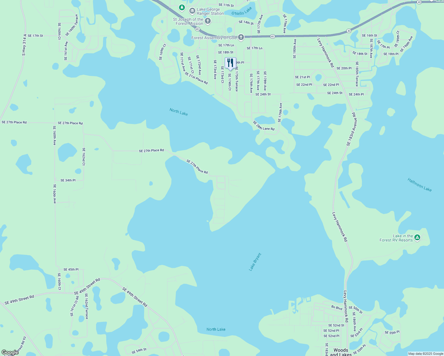 map of restaurants, bars, coffee shops, grocery stores, and more near 17430 Southeast 34th Lane in Ocklawaha