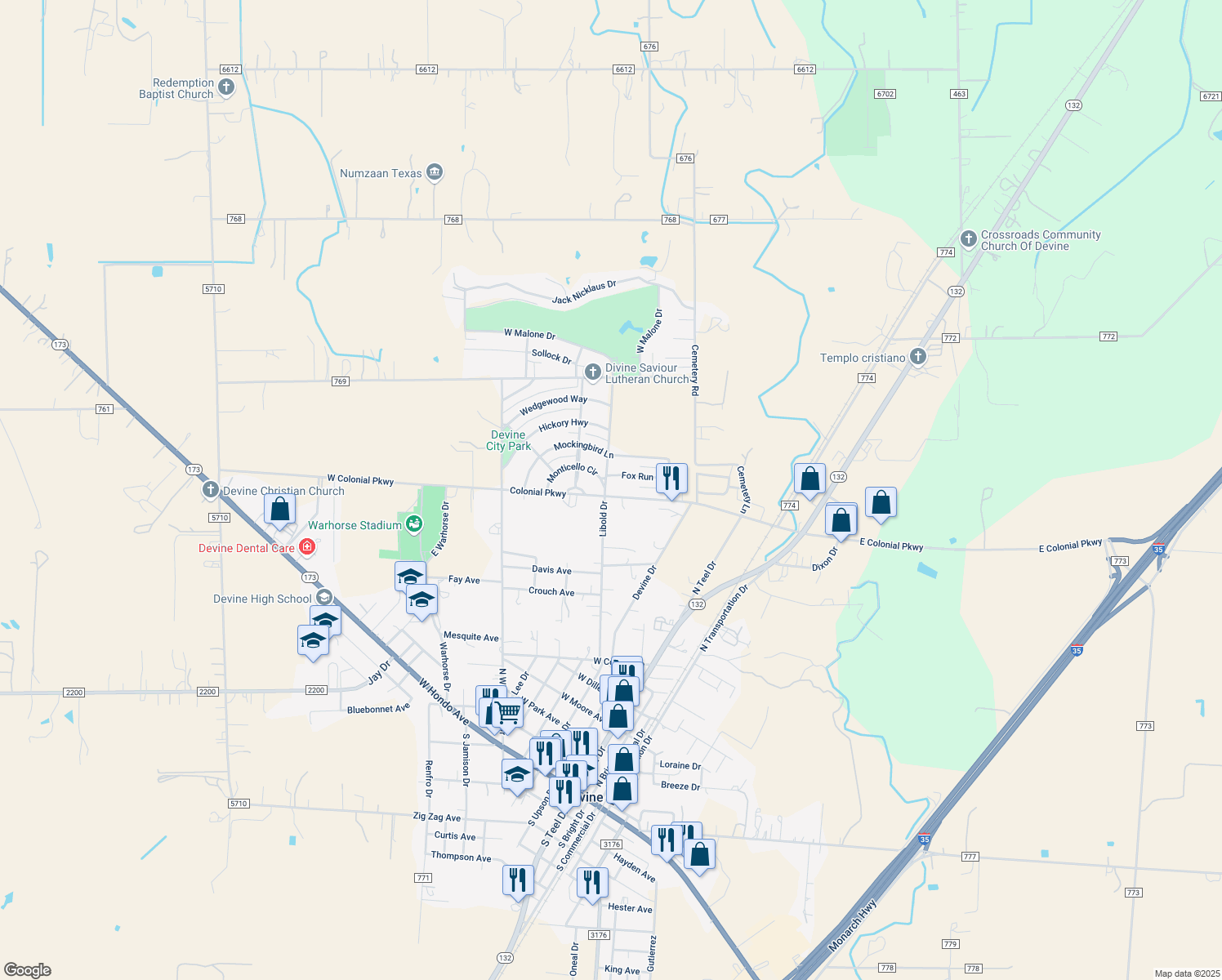 map of restaurants, bars, coffee shops, grocery stores, and more near 1402 Libold Drive in Devine
