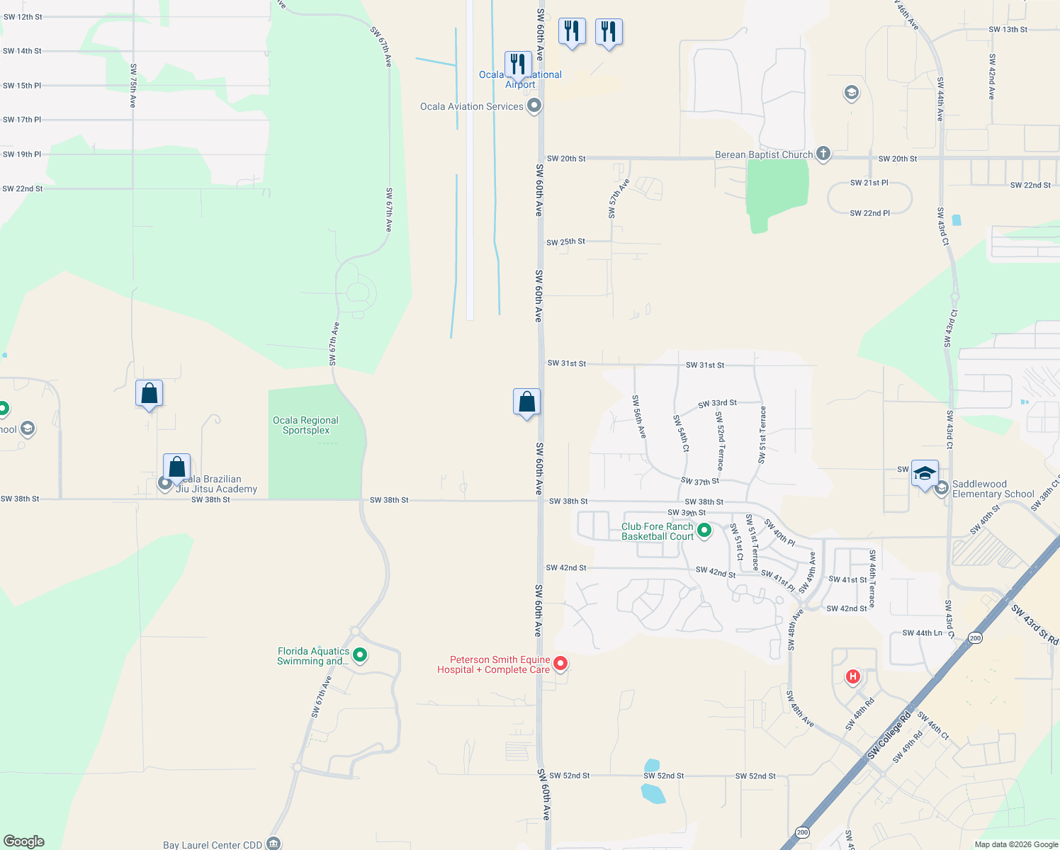 map of restaurants, bars, coffee shops, grocery stores, and more near 3400 Southwest 60th Avenue in Ocala