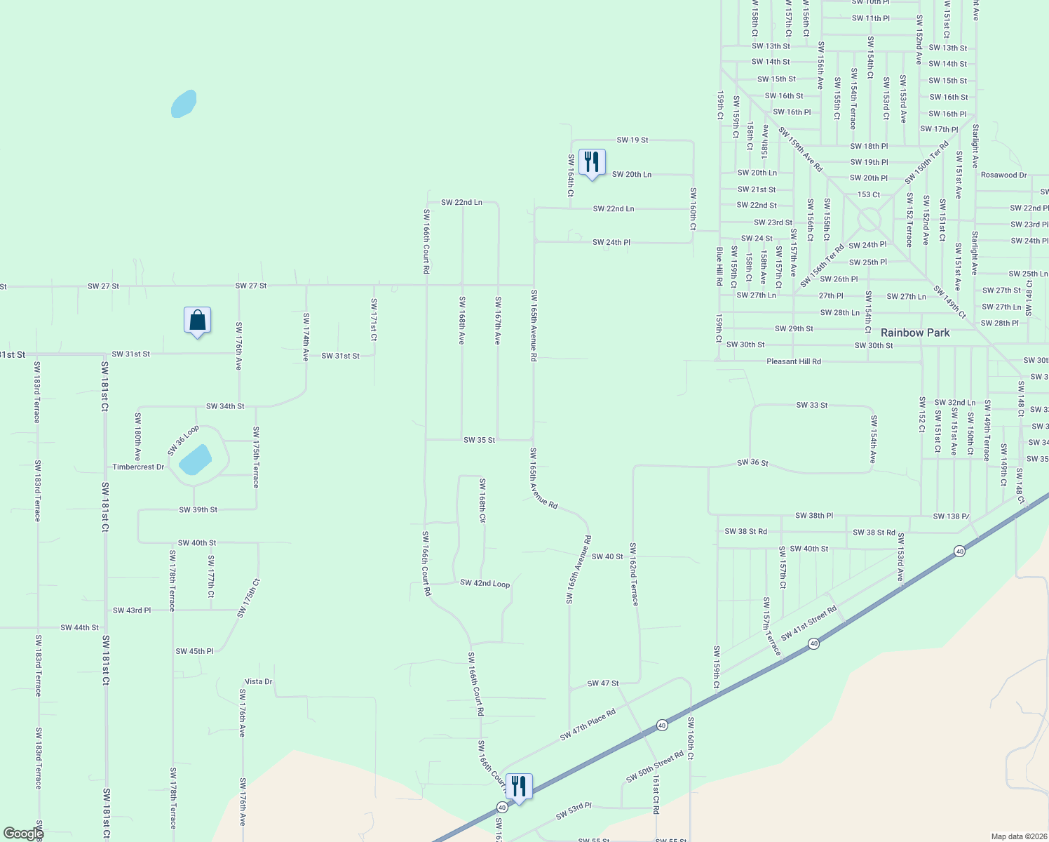 map of restaurants, bars, coffee shops, grocery stores, and more near 3434 Southwest 165th Avenue Road in Ocala