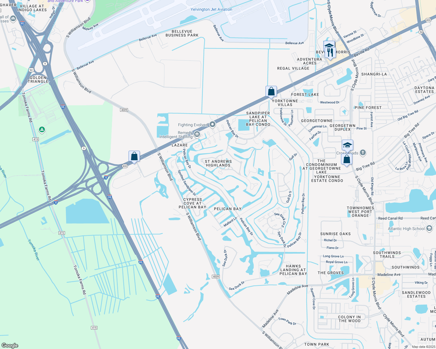 map of restaurants, bars, coffee shops, grocery stores, and more near 136 Avocet Court in Daytona Beach