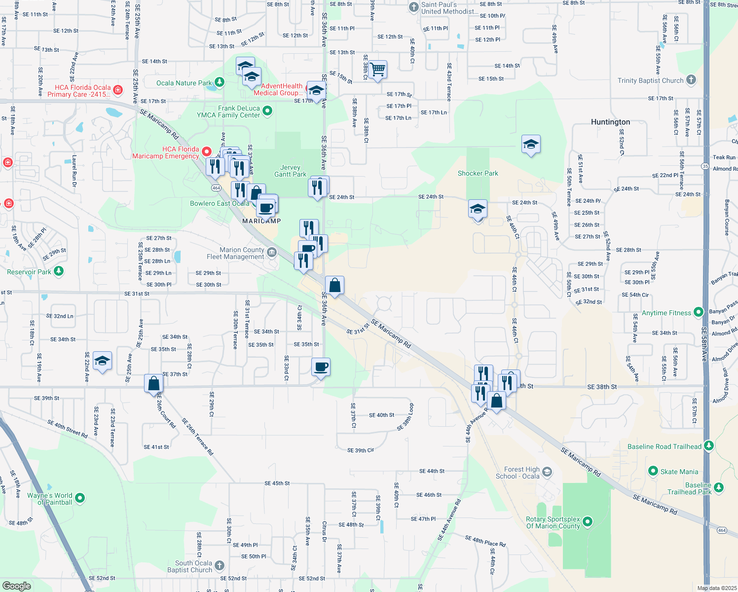 map of restaurants, bars, coffee shops, grocery stores, and more near 3831 Southeast Maricamp Road in Ocala