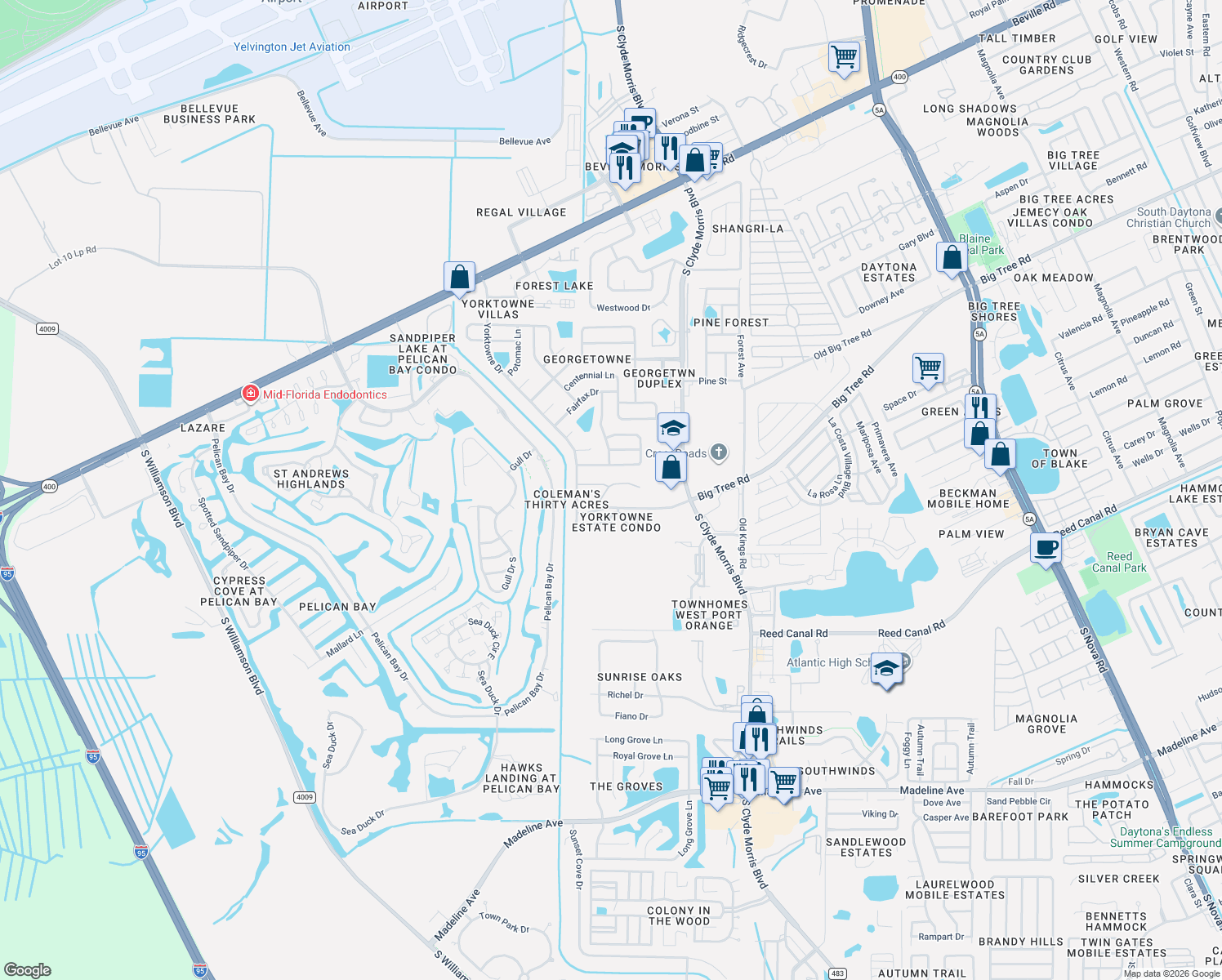 map of restaurants, bars, coffee shops, grocery stores, and more near 1600 Big Tree Road in South Daytona