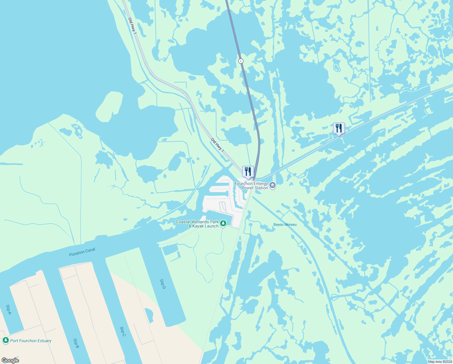 map of restaurants, bars, coffee shops, grocery stores, and more near 203 Constantin Drive in Golden Meadow