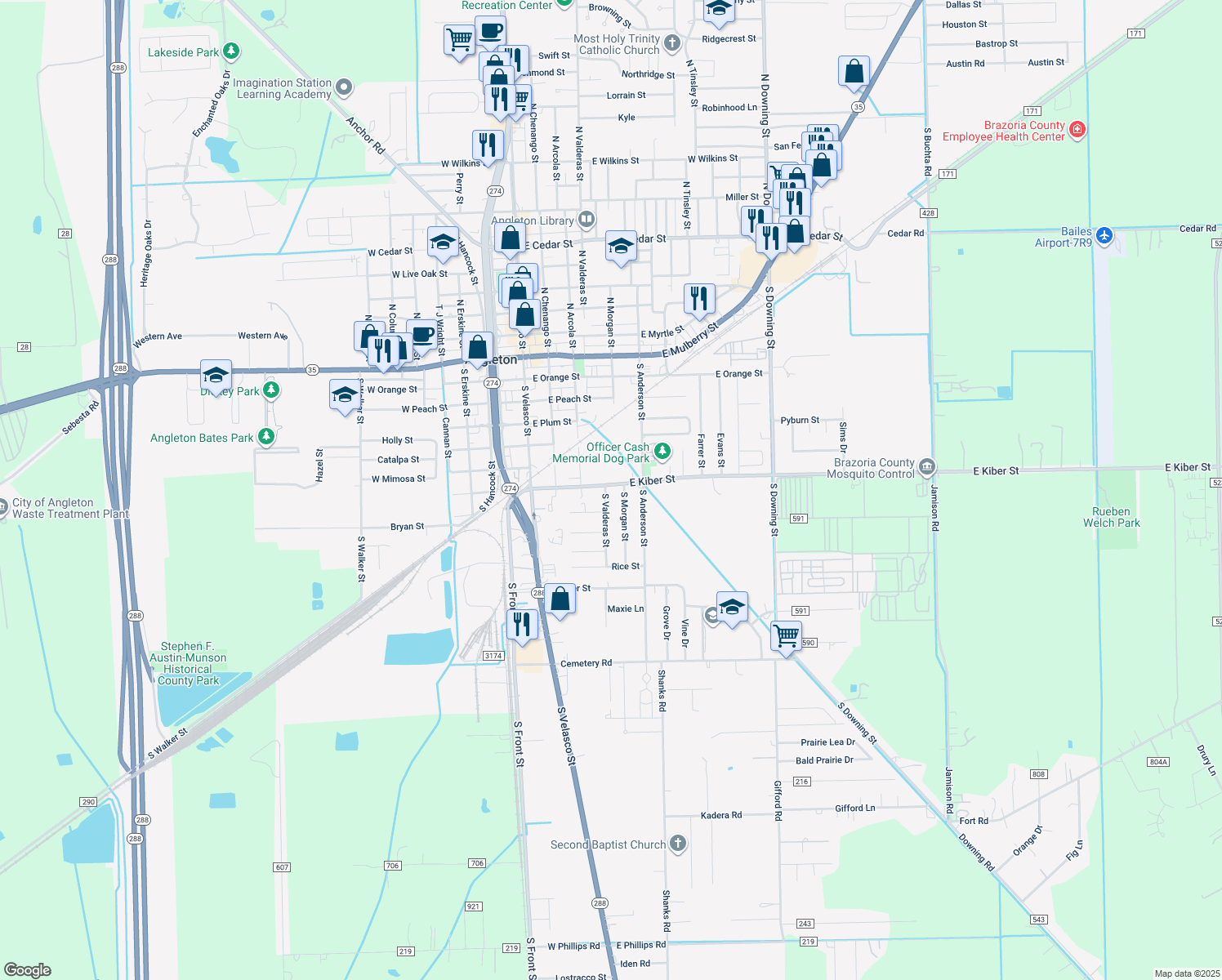 map of restaurants, bars, coffee shops, grocery stores, and more near 701 South Valderas Street in Angleton