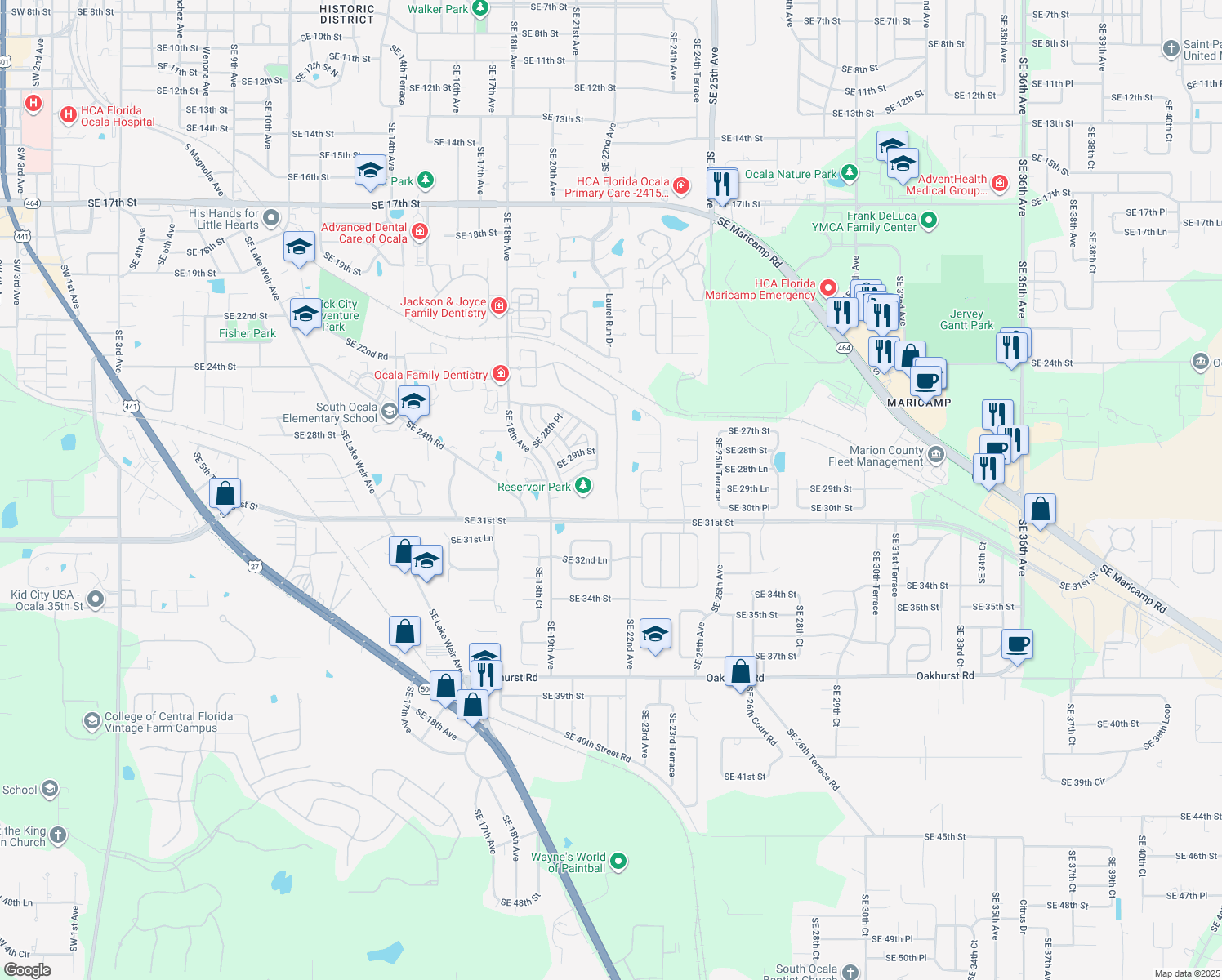 map of restaurants, bars, coffee shops, grocery stores, and more near 2918 Southeast 22nd Avenue in Ocala