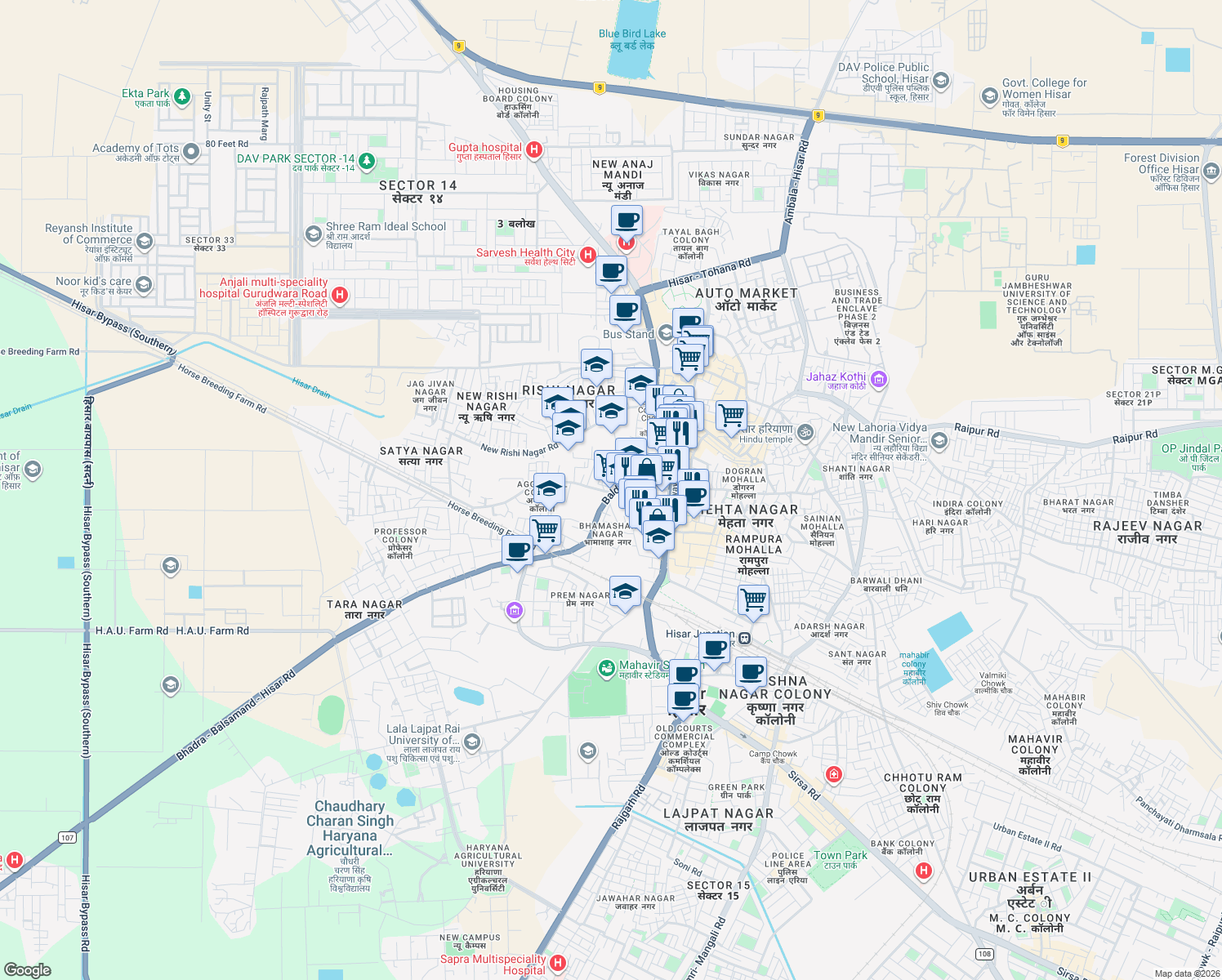 map of restaurants, bars, coffee shops, grocery stores, and more near Balsamand Road in Hisar