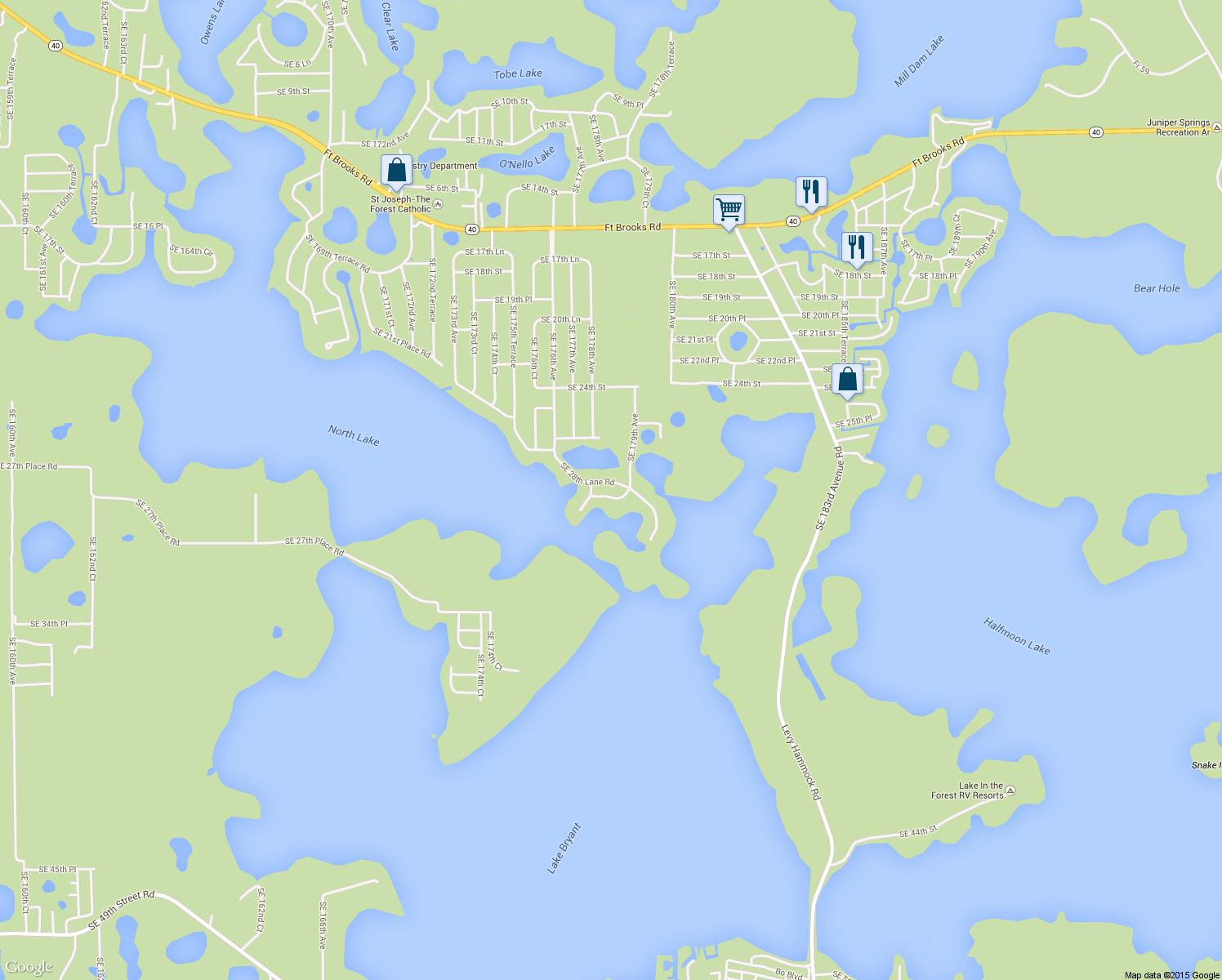 map of restaurants, bars, coffee shops, grocery stores, and more near 17821 Southeast 28th Place in Silver Springs
