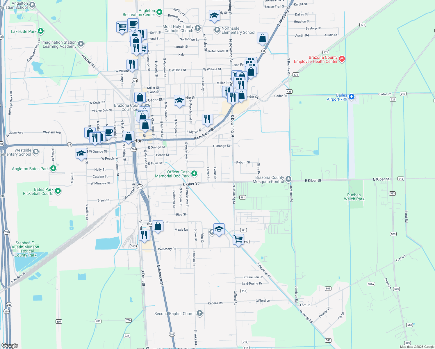 map of restaurants, bars, coffee shops, grocery stores, and more near 513 Evans St in Angleton