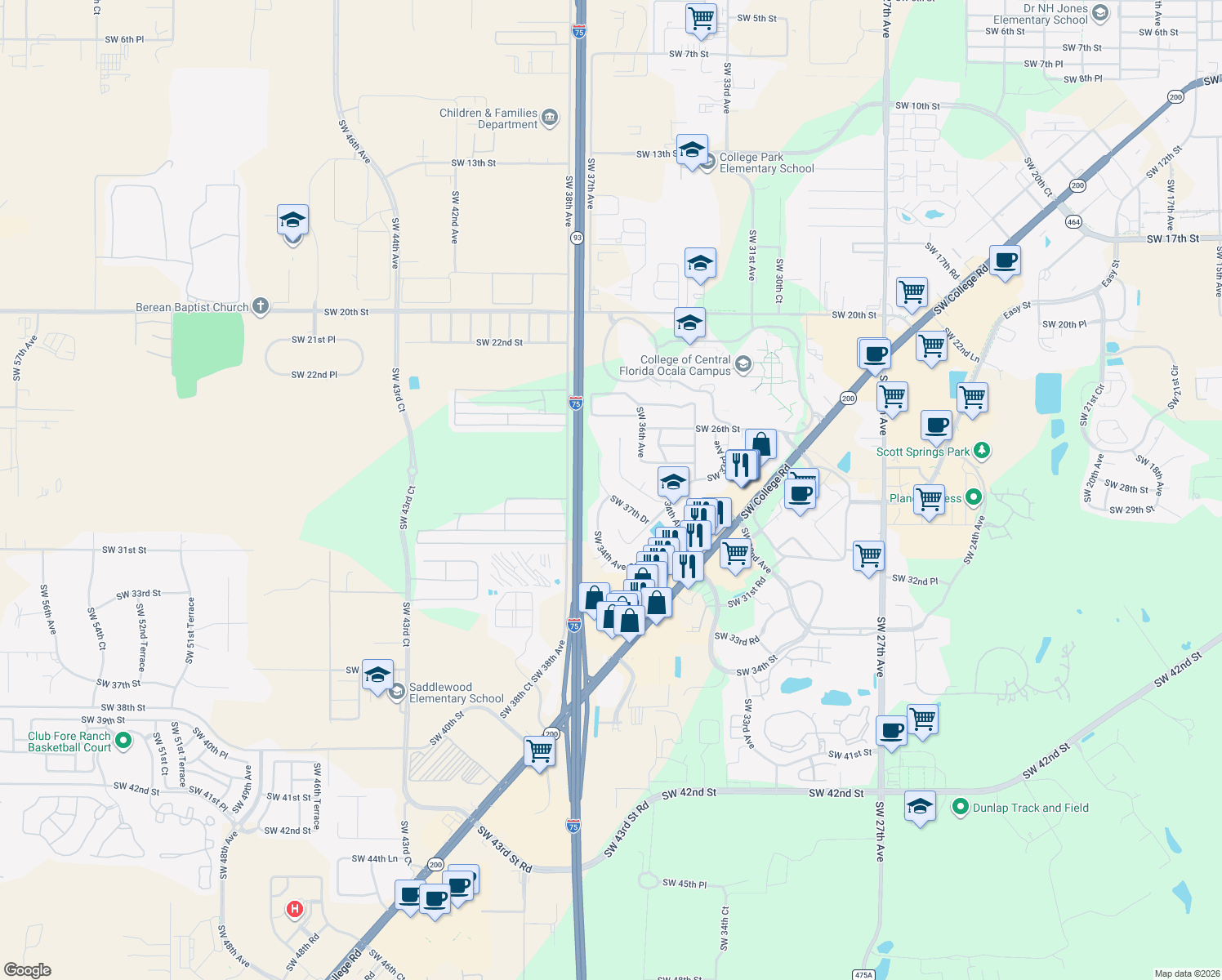 map of restaurants, bars, coffee shops, grocery stores, and more near 2723 Southwest 37th Drive in Ocala