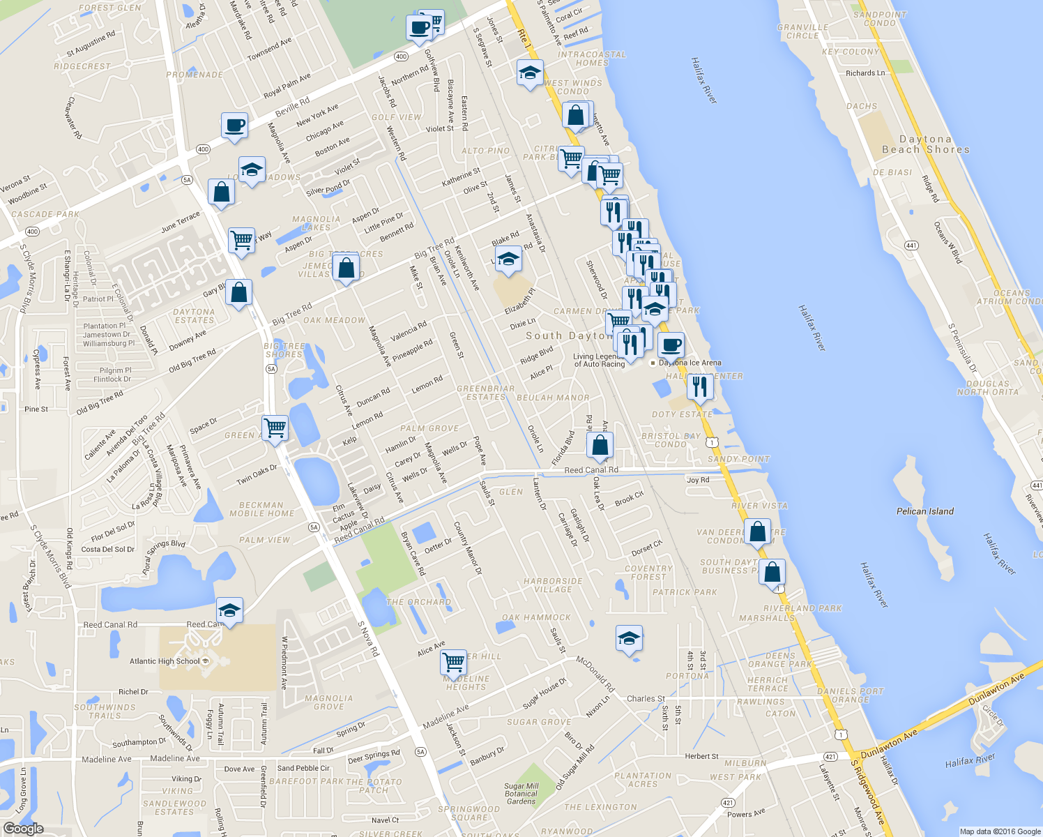 map of restaurants, bars, coffee shops, grocery stores, and more near 2372 Oriole Lane in South Daytona