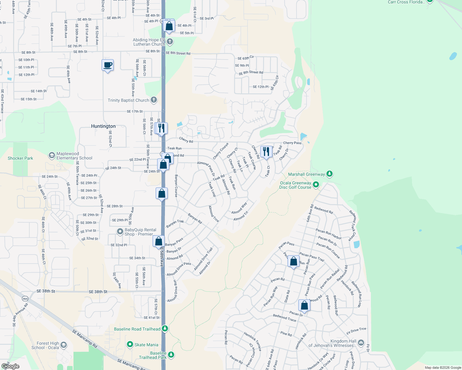 map of restaurants, bars, coffee shops, grocery stores, and more near 86 Teak Run in Ocala
