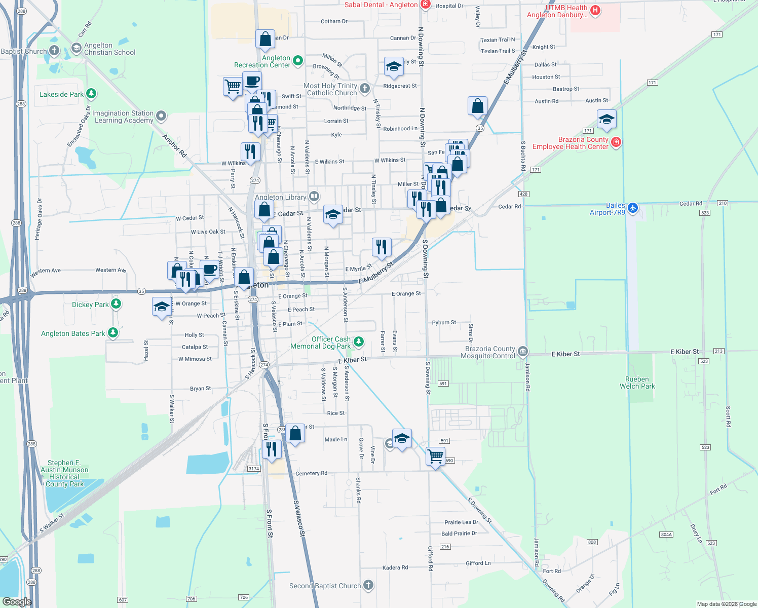map of restaurants, bars, coffee shops, grocery stores, and more near 210 Farrer St in Angleton