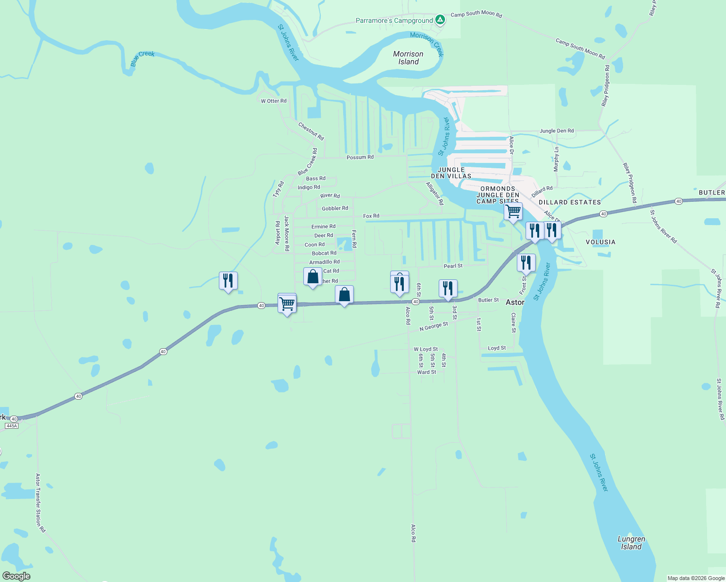 map of restaurants, bars, coffee shops, grocery stores, and more near 24223 Highway 40 in Astor