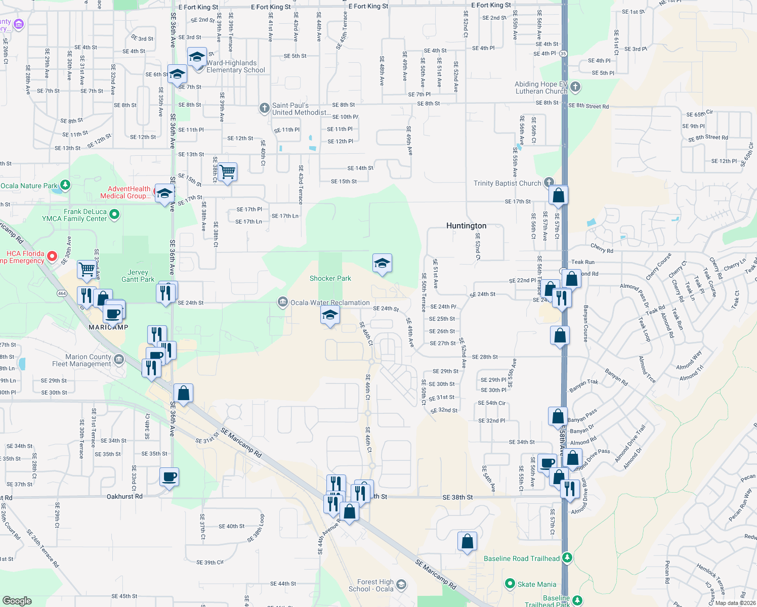 map of restaurants, bars, coffee shops, grocery stores, and more near 4759 Southeast 24th Street in Ocala