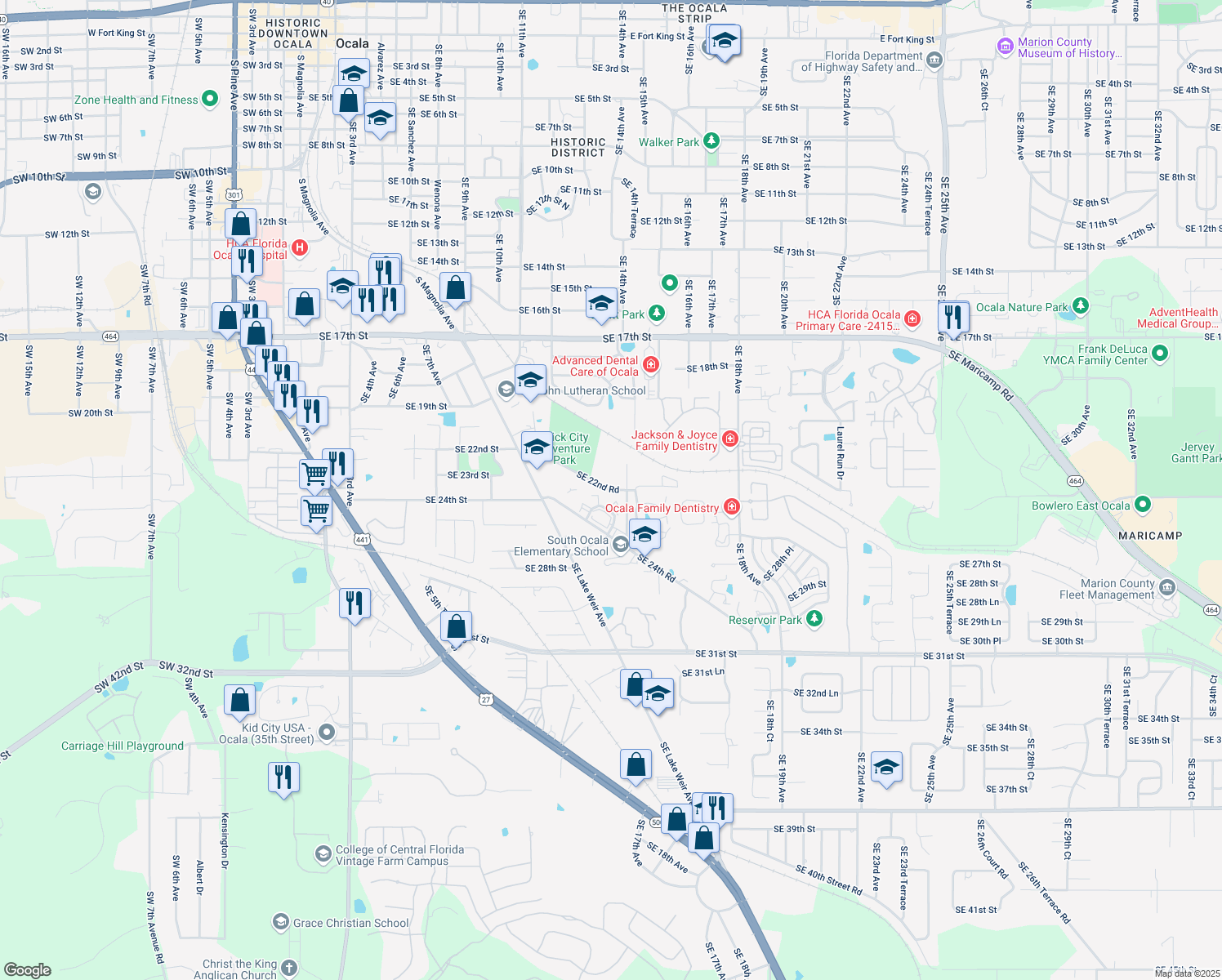 map of restaurants, bars, coffee shops, grocery stores, and more near 1350 Southeast 22nd Road in Ocala
