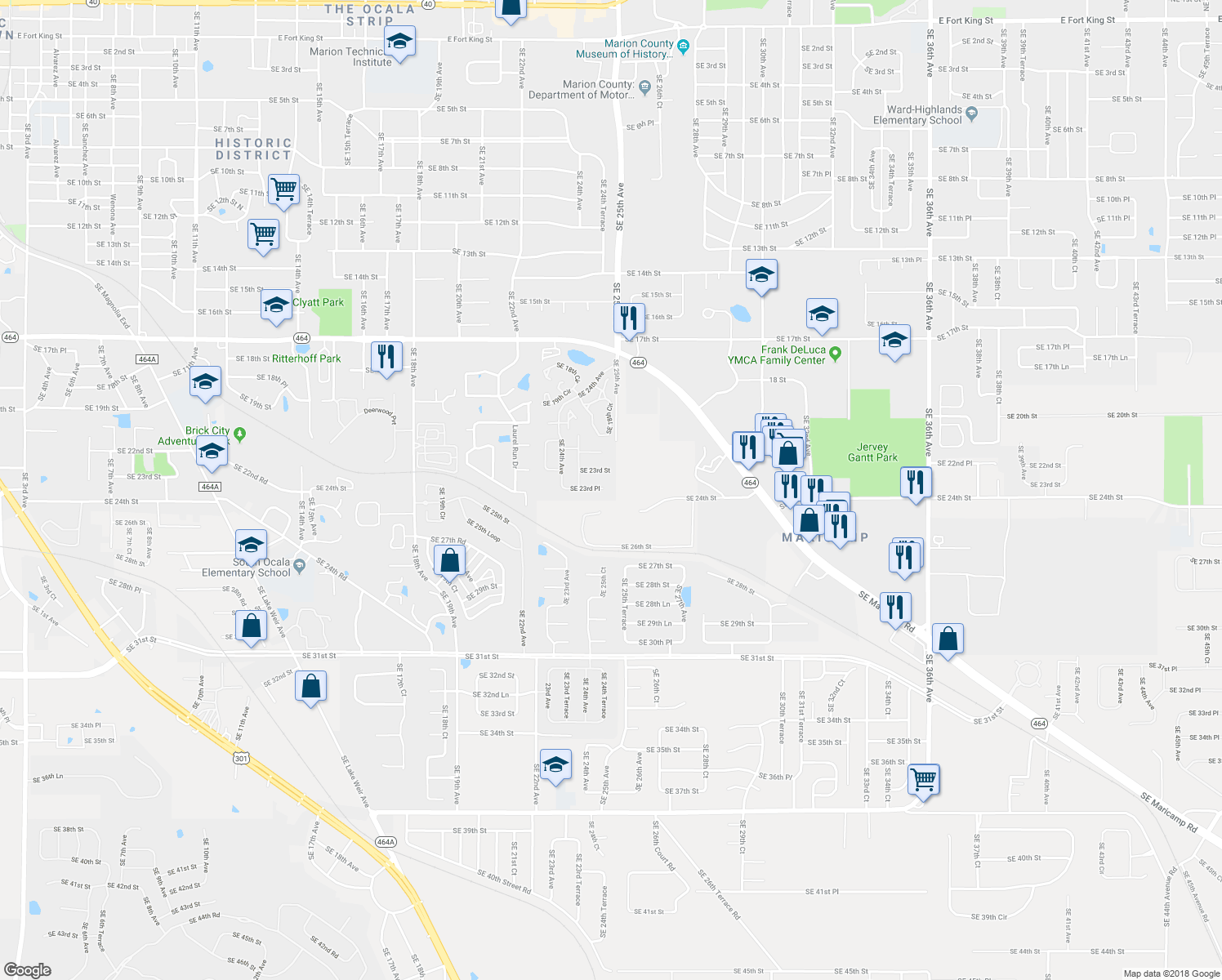 map of restaurants, bars, coffee shops, grocery stores, and more near 2418 Southeast 23rd Place in Ocala