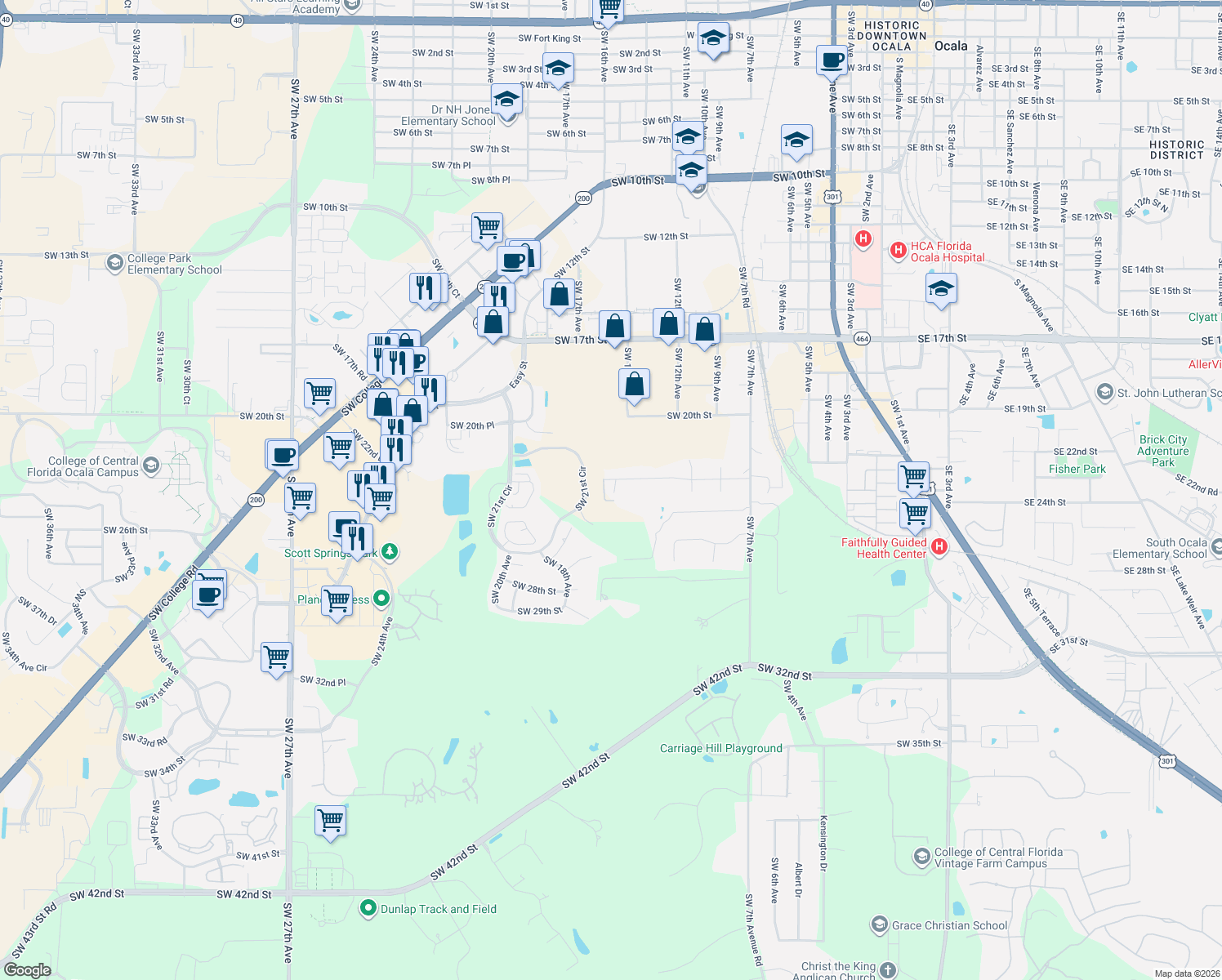 map of restaurants, bars, coffee shops, grocery stores, and more near 1520 Southwest 23rd Place in Ocala