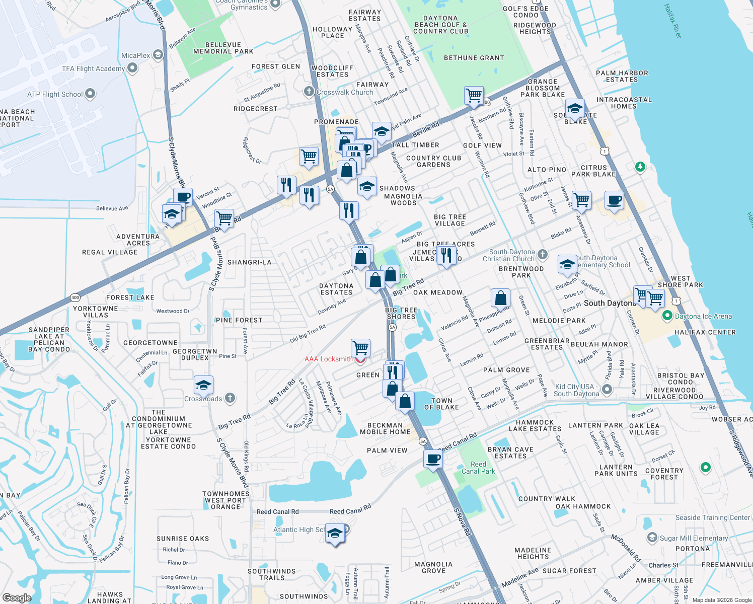 map of restaurants, bars, coffee shops, grocery stores, and more near 1010 Big Tree Road in Daytona Beach