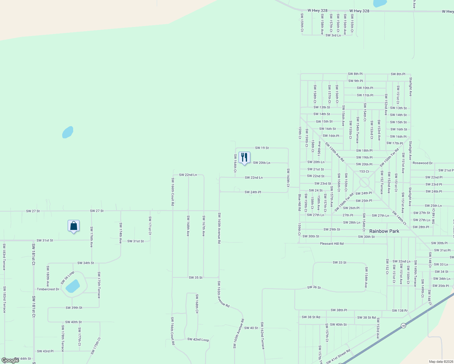map of restaurants, bars, coffee shops, grocery stores, and more near 16476 Southwest 22nd Lane in Ocala