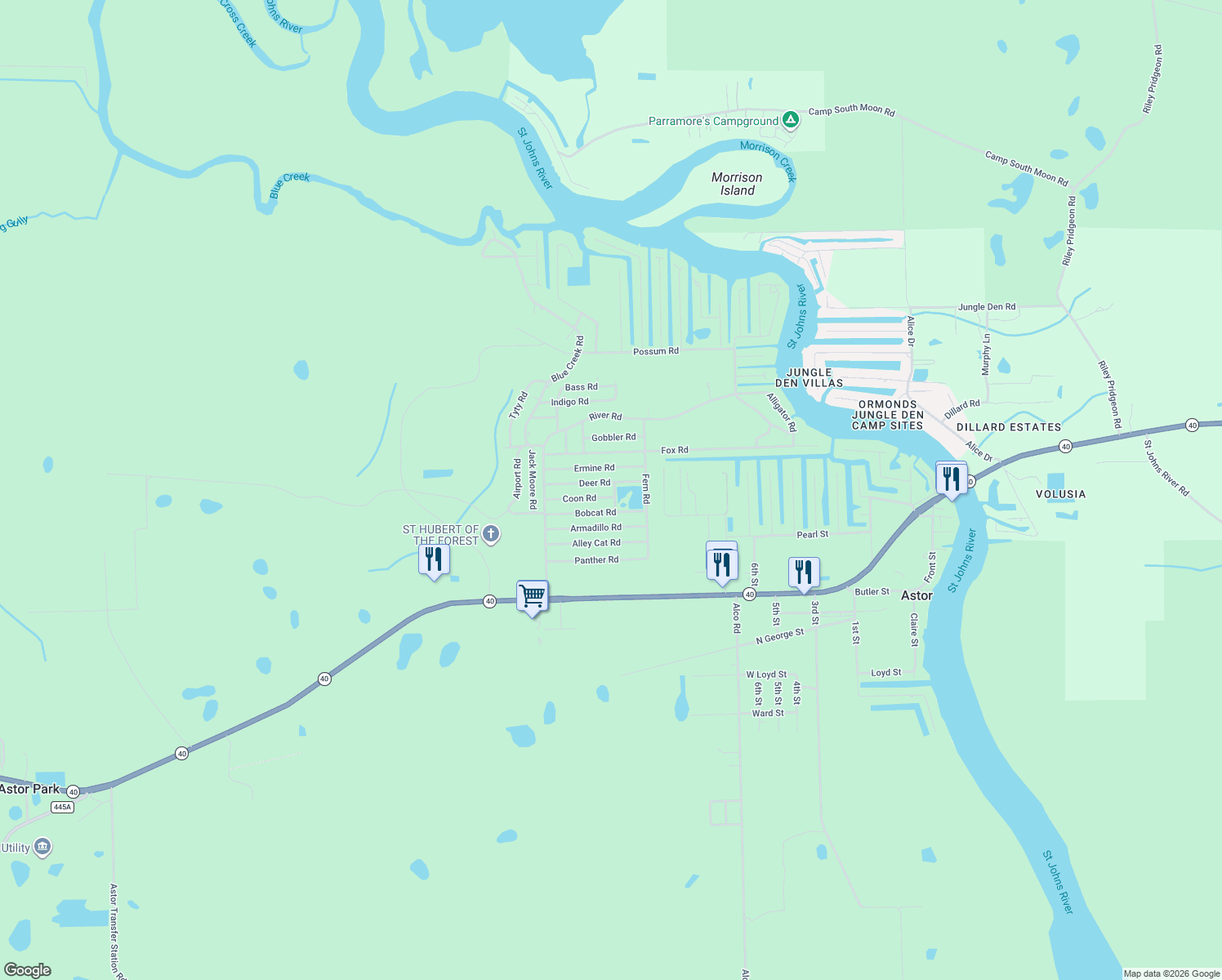 map of restaurants, bars, coffee shops, grocery stores, and more near 24048 Deer Road in Astor