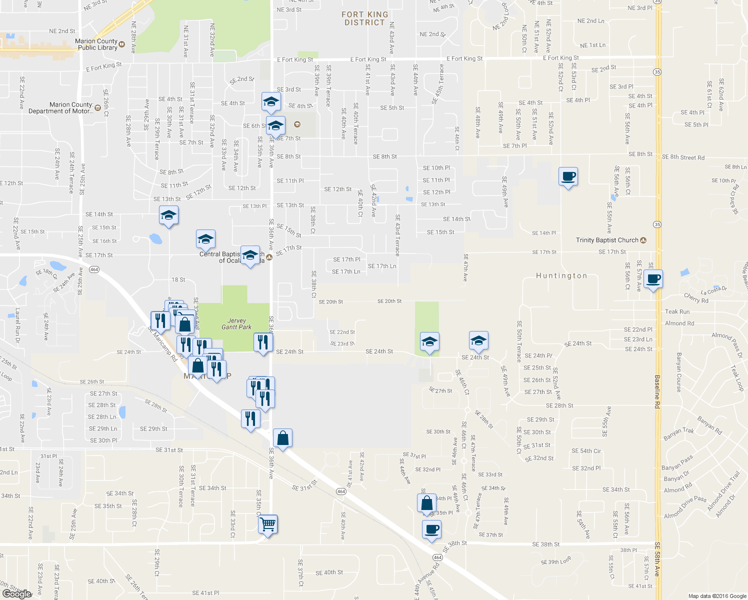 map of restaurants, bars, coffee shops, grocery stores, and more near 4171 Southeast 20th Street in Ocala