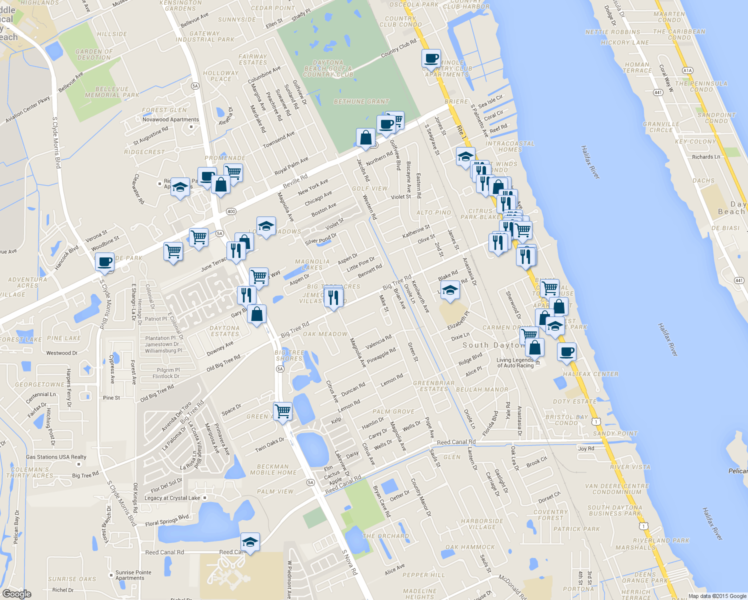 map of restaurants, bars, coffee shops, grocery stores, and more near 803 Big Tree Road in South Daytona