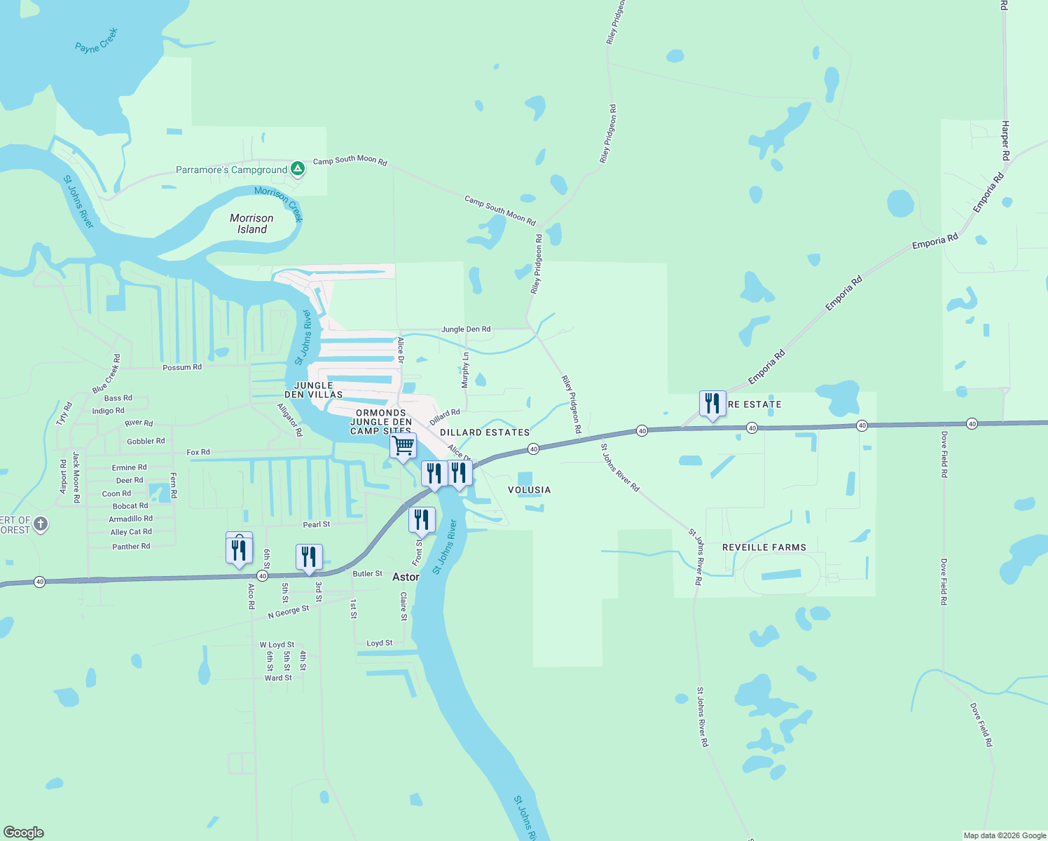 map of restaurants, bars, coffee shops, grocery stores, and more near 1501 Dillard Road in Astor