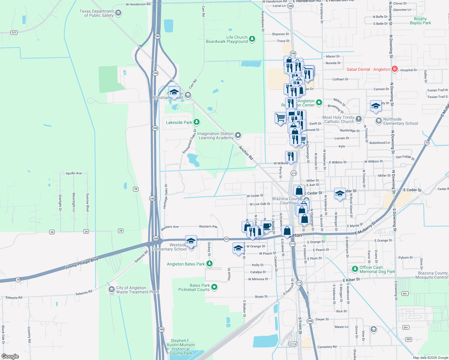 map of restaurants, bars, coffee shops, grocery stores, and more near 816 W Miller St in Angleton
