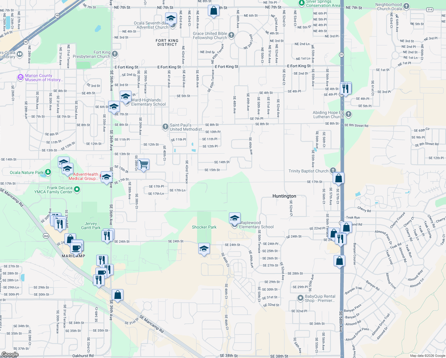 map of restaurants, bars, coffee shops, grocery stores, and more near 1530 Southeast 47th Avenue in Ocala