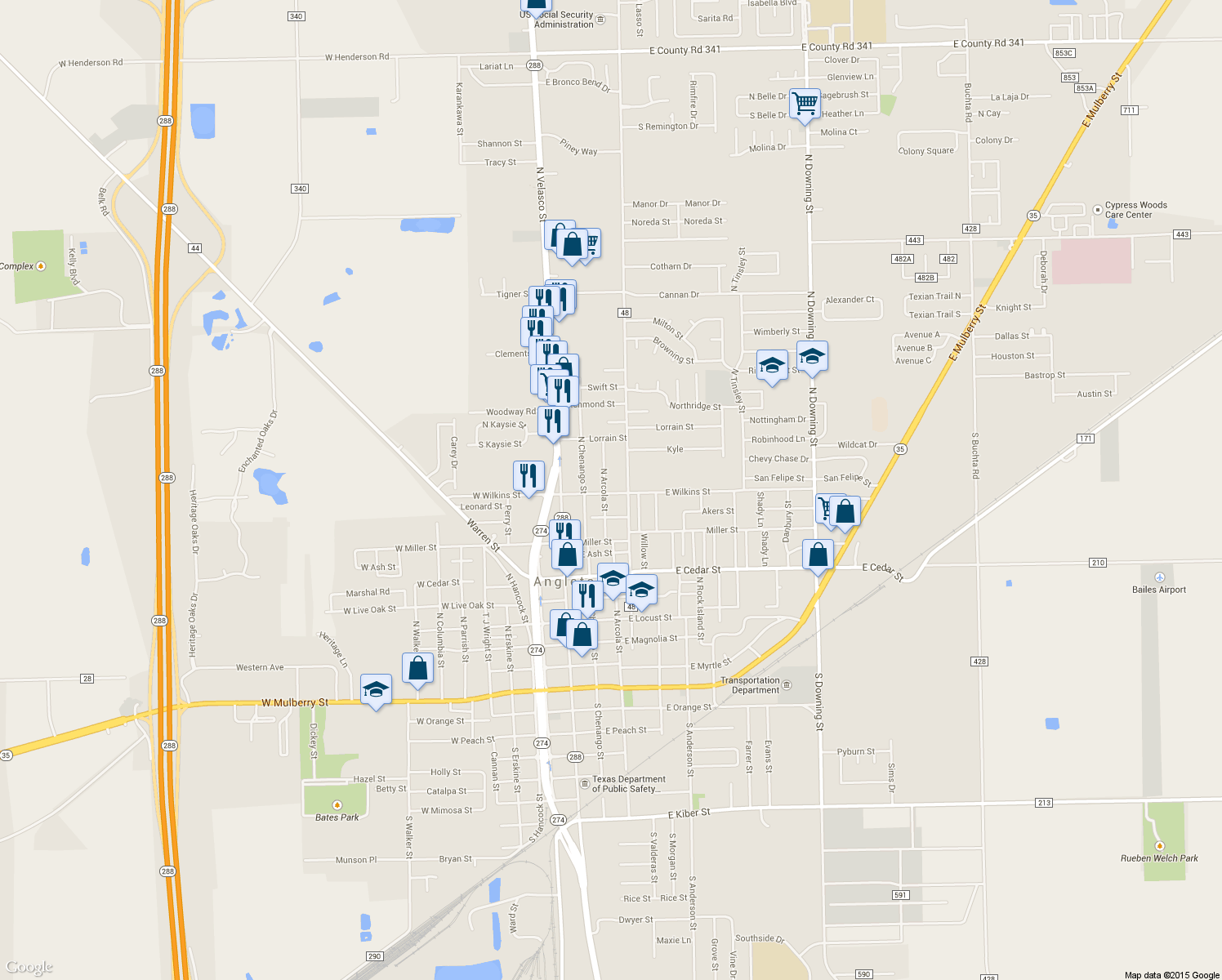 map of restaurants, bars, coffee shops, grocery stores, and more near 1002 N Arcola St in Angleton