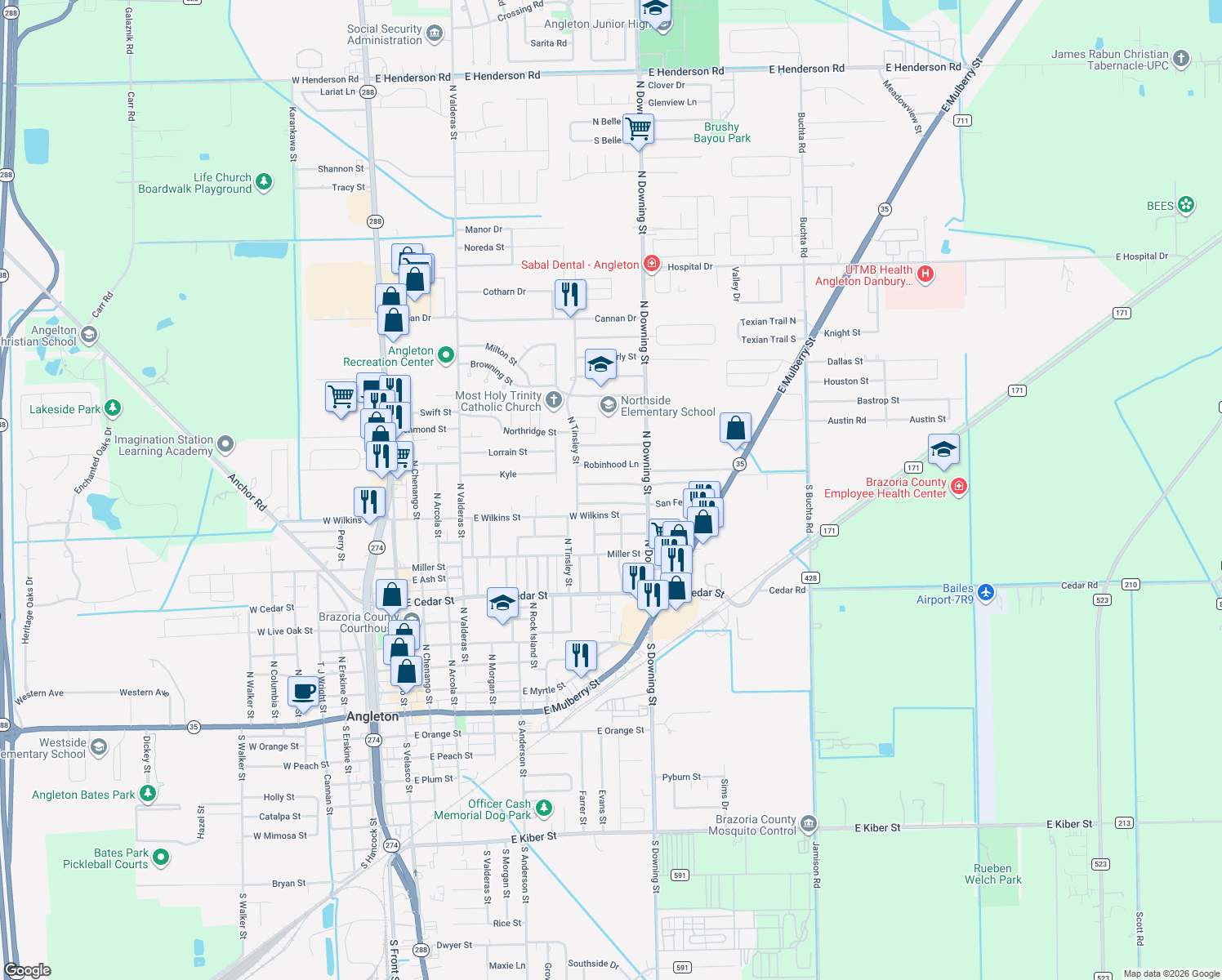 map of restaurants, bars, coffee shops, grocery stores, and more near 1008 Chevy Chase Drive in Angleton