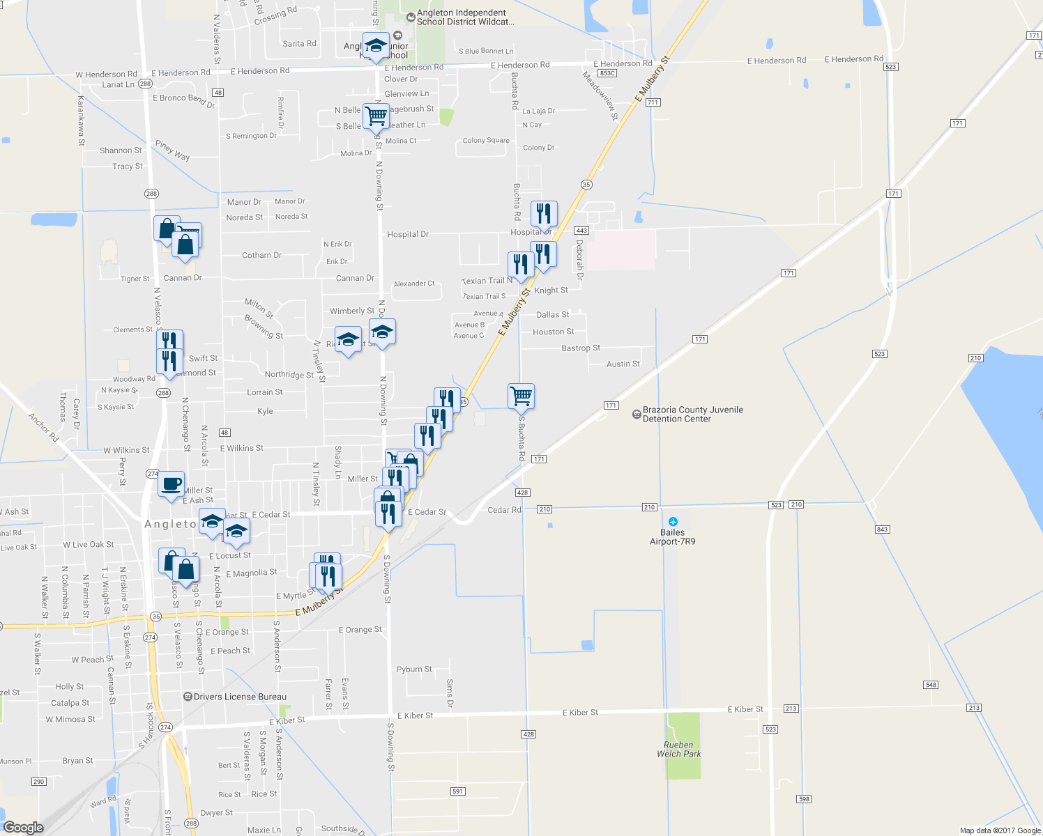 map of restaurants, bars, coffee shops, grocery stores, and more near 1601 North Valderas Street in Angleton