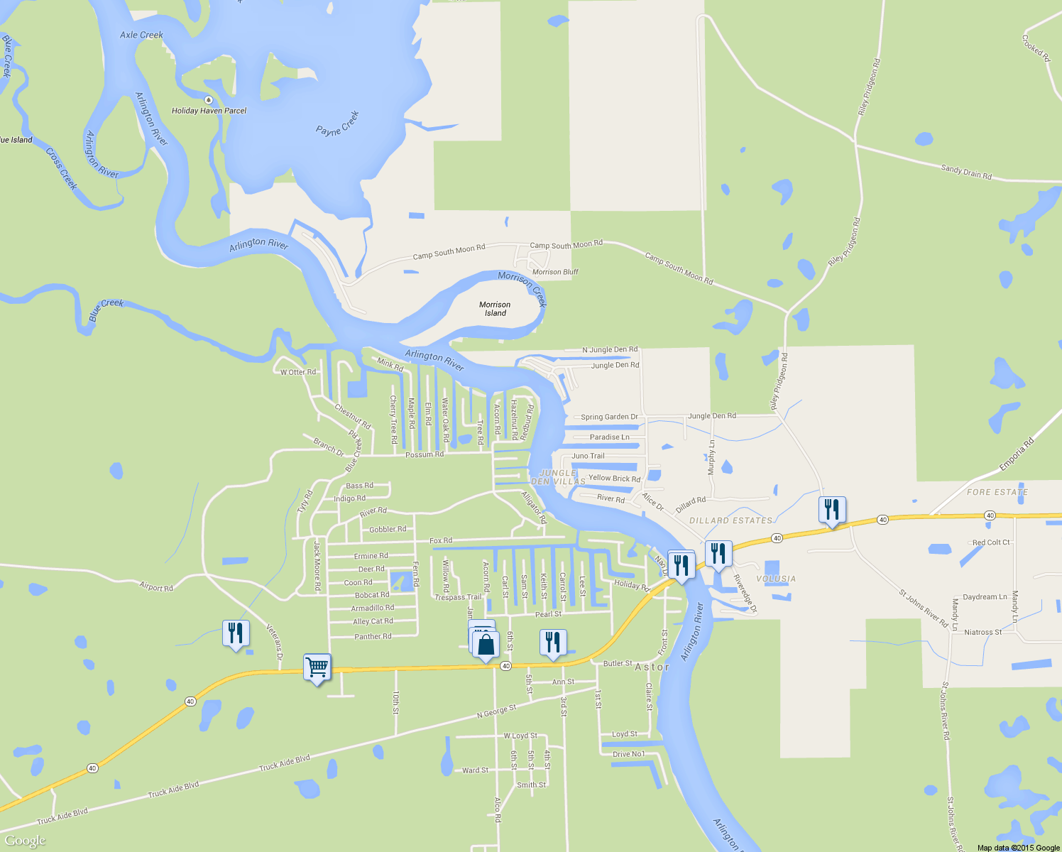map of restaurants, bars, coffee shops, grocery stores, and more near 56304 Redbud Road in Astor