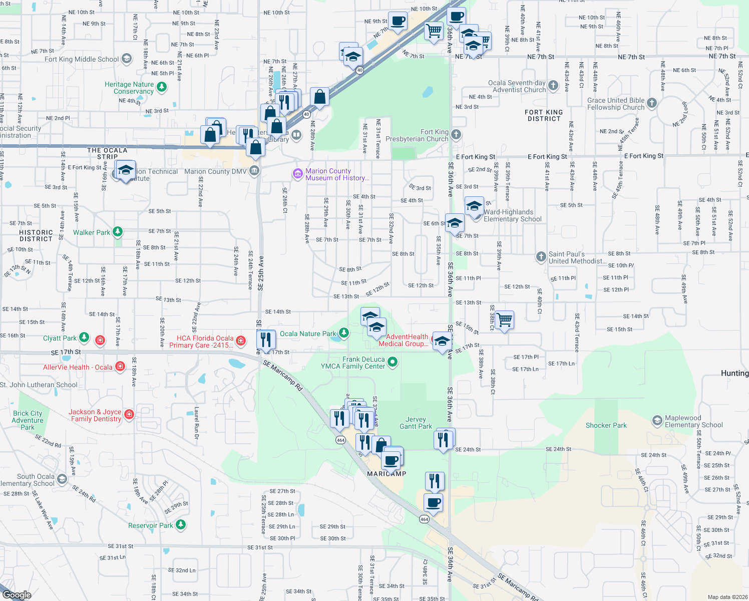 map of restaurants, bars, coffee shops, grocery stores, and more near 3130 Southeast 13th Street in Ocala