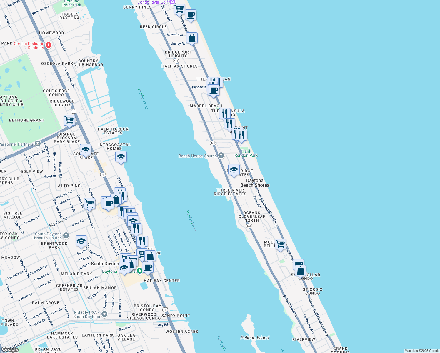map of restaurants, bars, coffee shops, grocery stores, and more near 2740 South Peninsula Drive in Daytona Beach