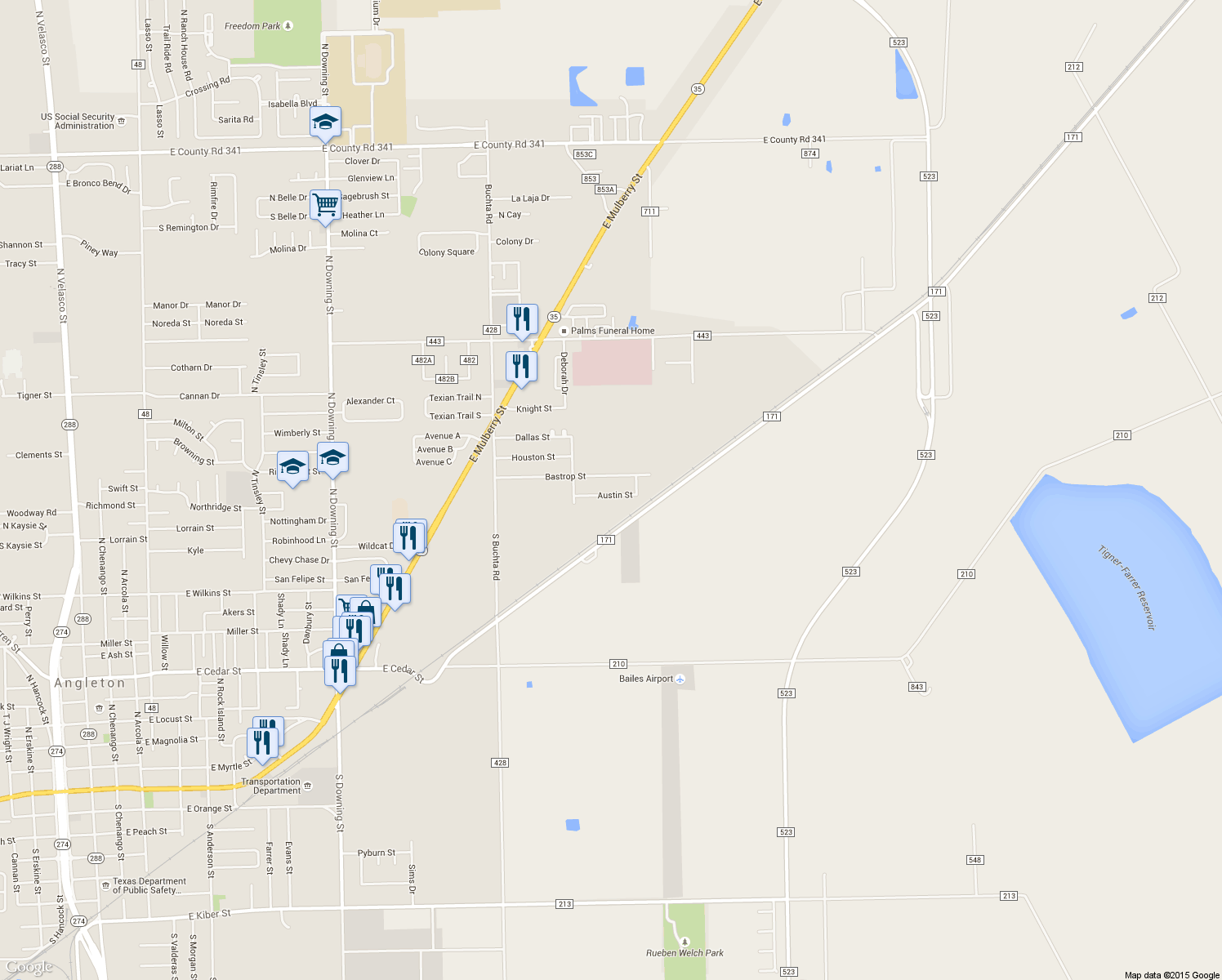 map of restaurants, bars, coffee shops, grocery stores, and more near 237 Austin Street in Angleton