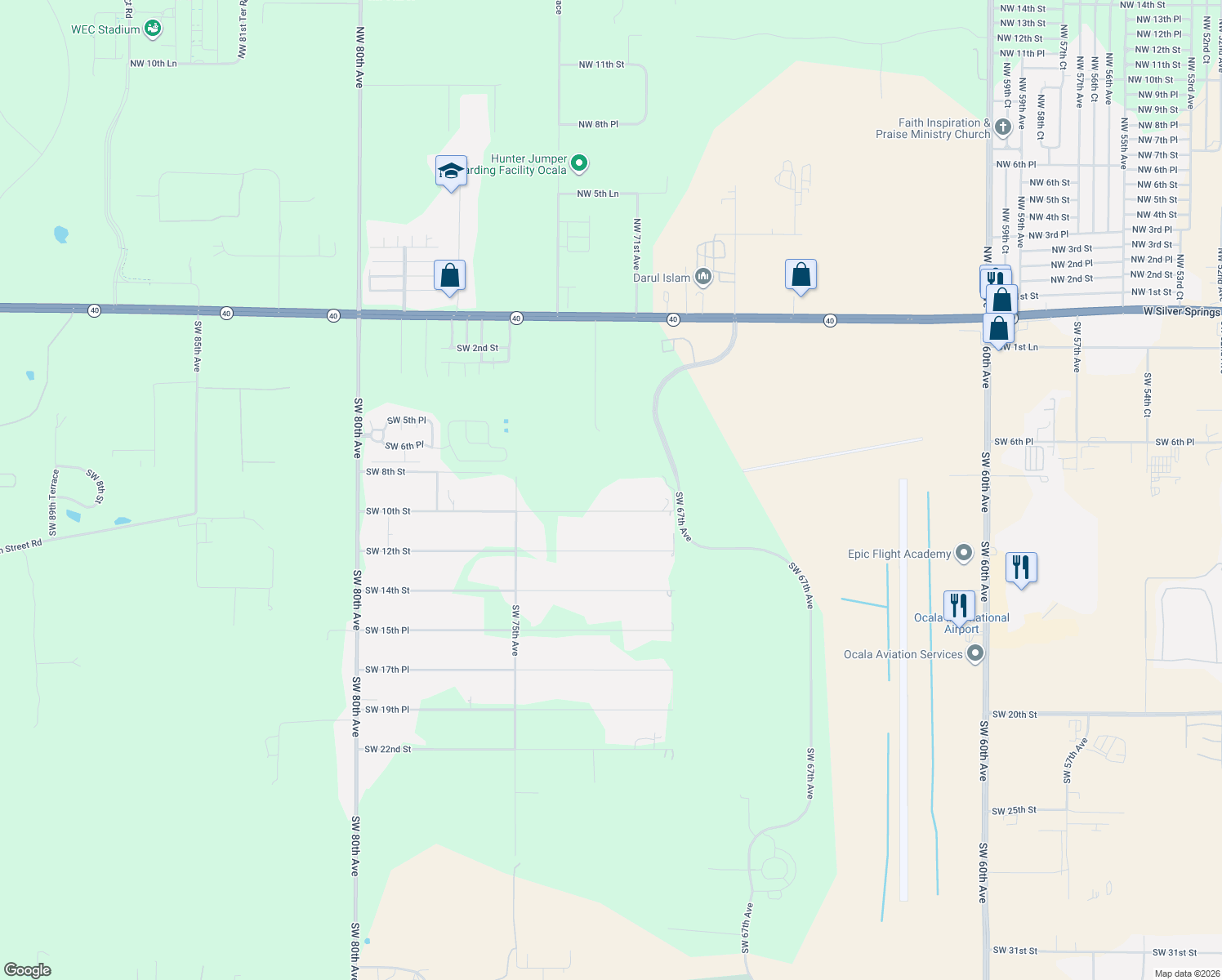 map of restaurants, bars, coffee shops, grocery stores, and more near 7205 Southwest 10th Street in Ocala
