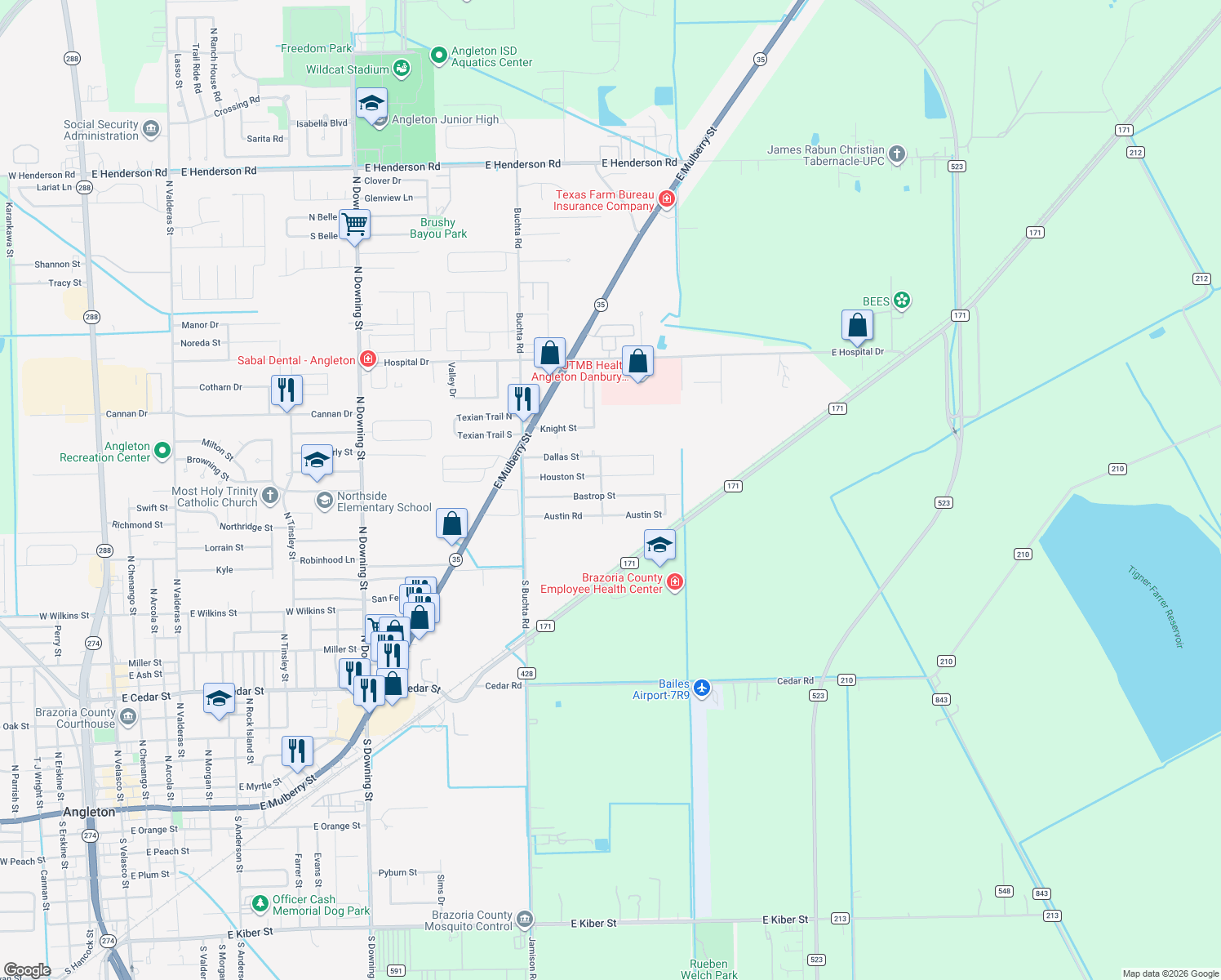 map of restaurants, bars, coffee shops, grocery stores, and more near 205 Bastrop St in Angleton