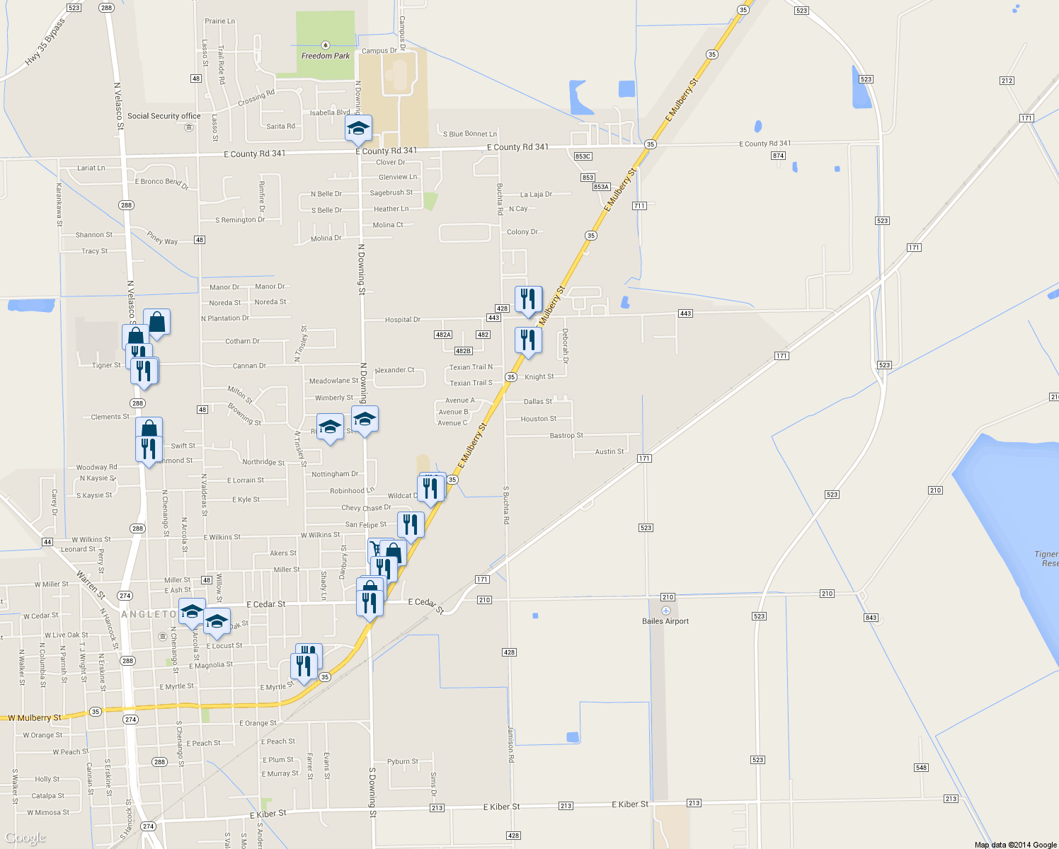 map of restaurants, bars, coffee shops, grocery stores, and more near 128 Houston Street in Angleton