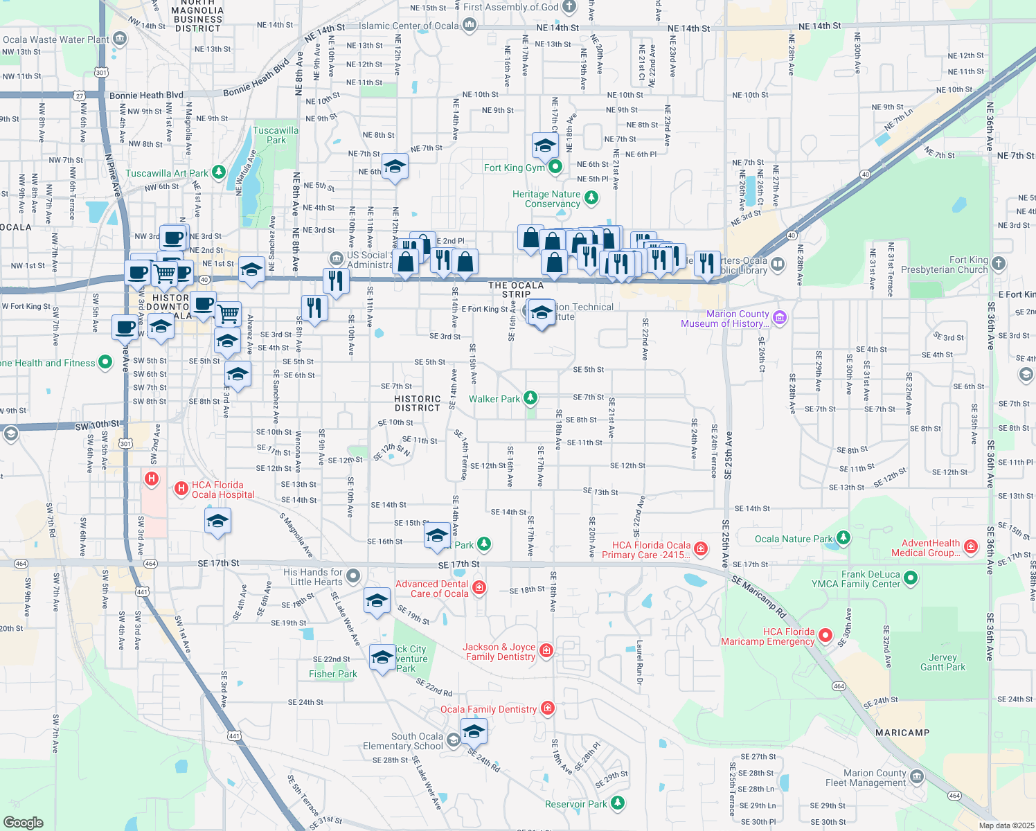 map of restaurants, bars, coffee shops, grocery stores, and more near 1613 SE 8th St in Ocala