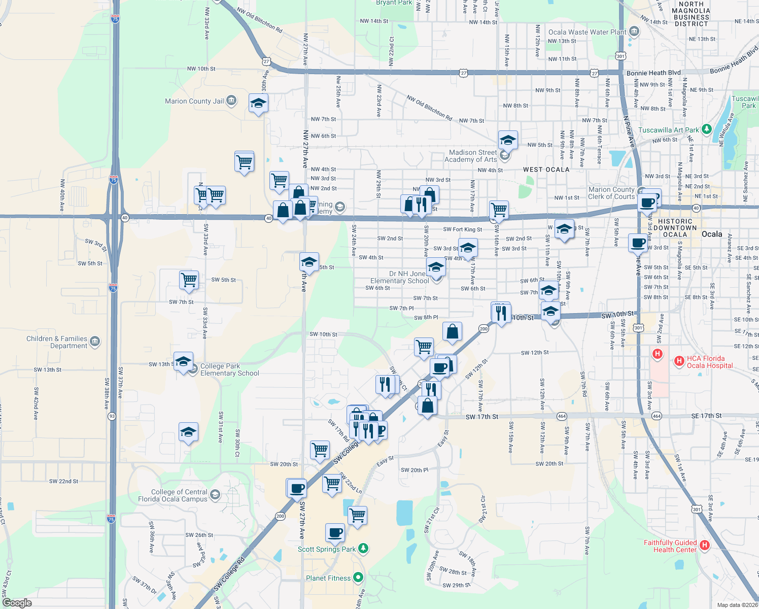 map of restaurants, bars, coffee shops, grocery stores, and more near 711 Southwest 23rd Avenue in Ocala