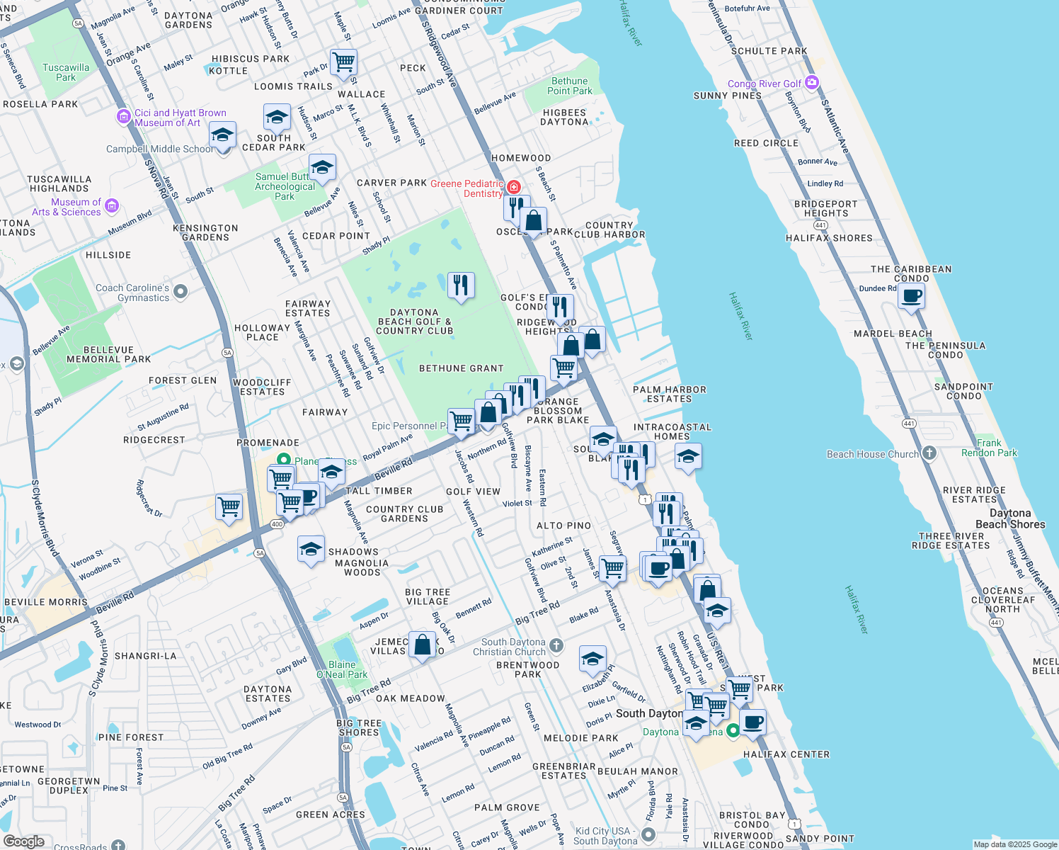 map of restaurants, bars, coffee shops, grocery stores, and more near 534 Northern Road in South Daytona
