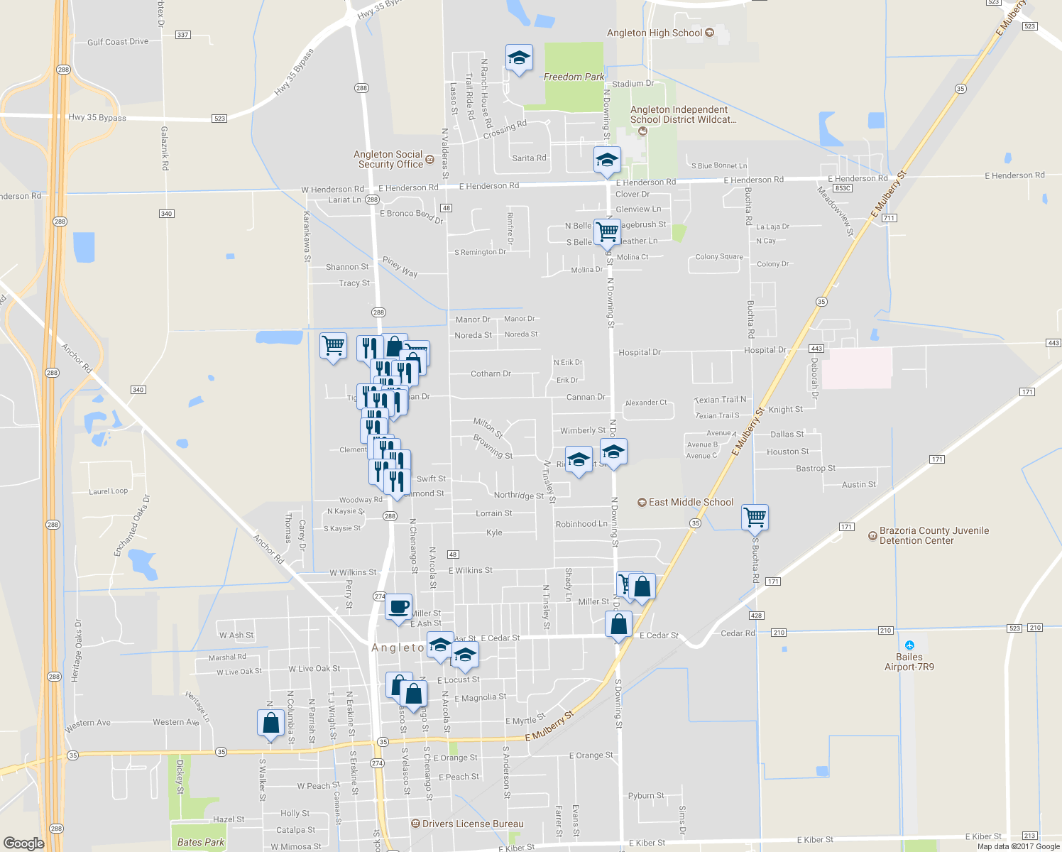 map of restaurants, bars, coffee shops, grocery stores, and more near 2005 North Rockisland Street in Angleton