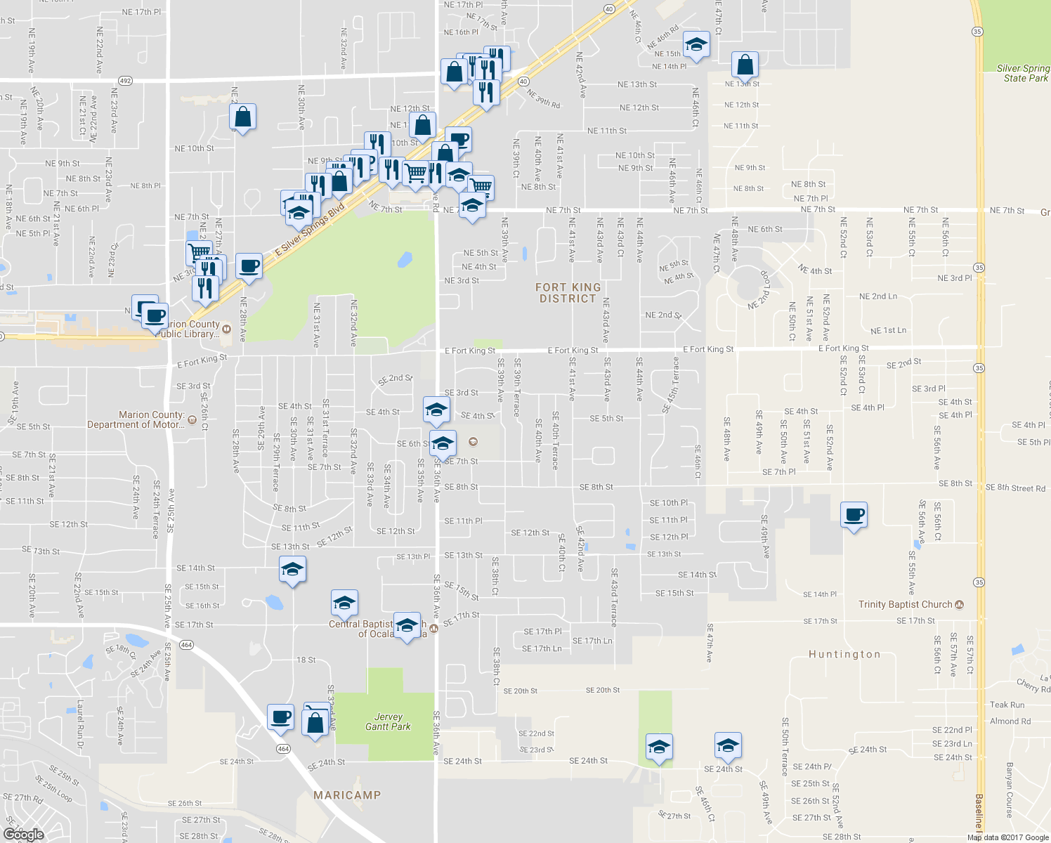 map of restaurants, bars, coffee shops, grocery stores, and more near 501 Southeast 39th Terrace in Ocala