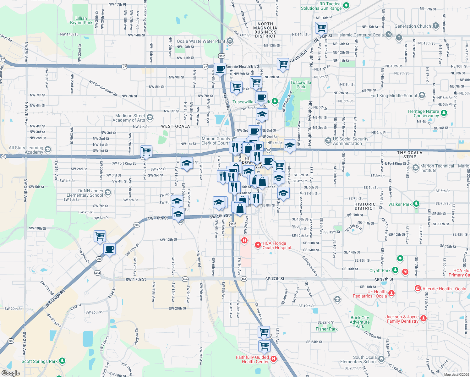map of restaurants, bars, coffee shops, grocery stores, and more near 509 South Pine Avenue in Ocala