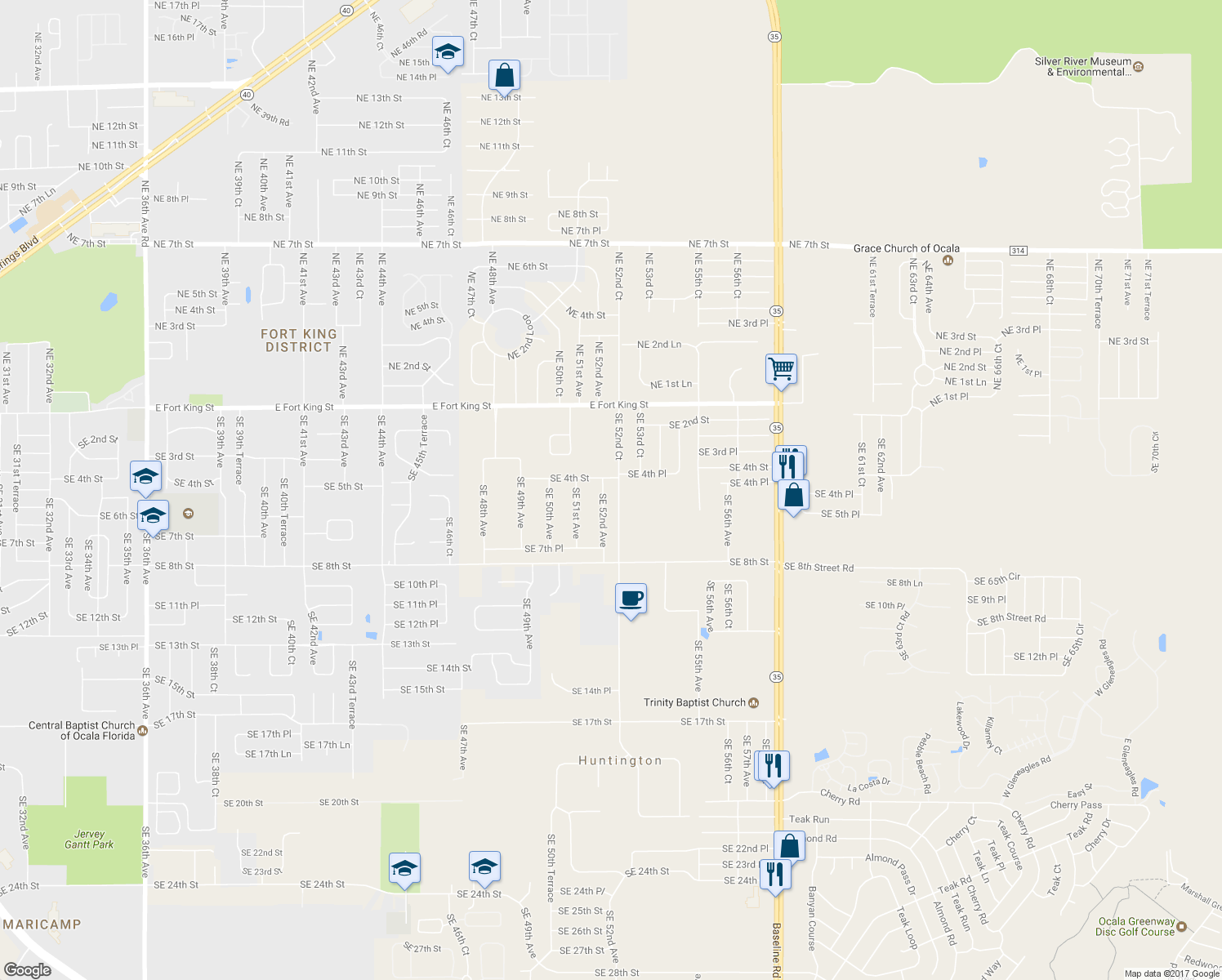 map of restaurants, bars, coffee shops, grocery stores, and more near 405 Southeast 52nd Avenue in Ocala