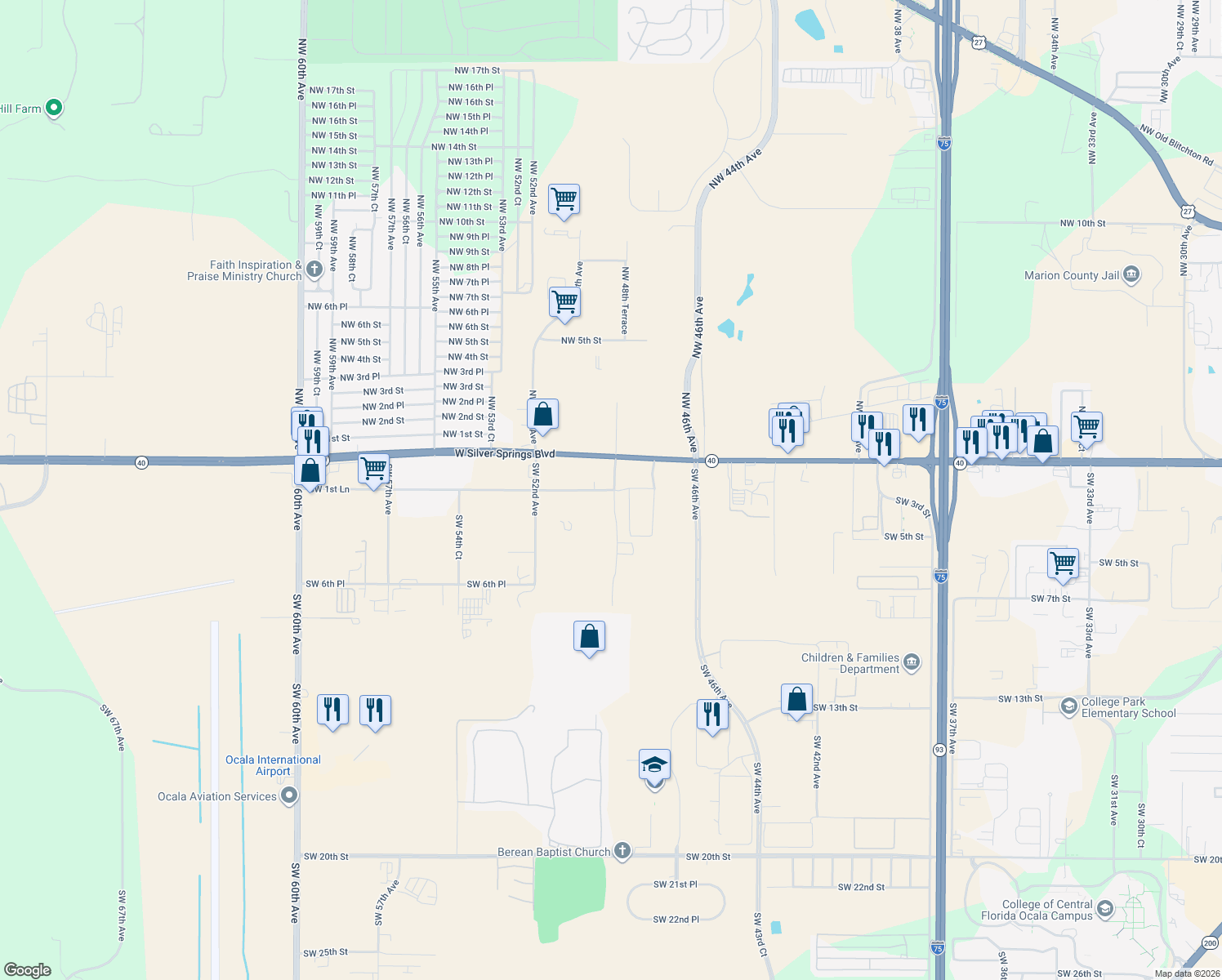 map of restaurants, bars, coffee shops, grocery stores, and more near 4235 Southwest 1st Lane in Ocala