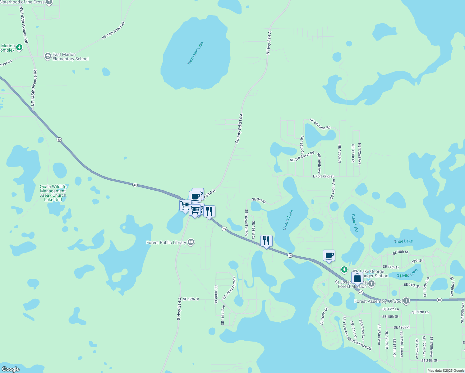 map of restaurants, bars, coffee shops, grocery stores, and more near 16159 Northeast 2nd Street in Silver Springs