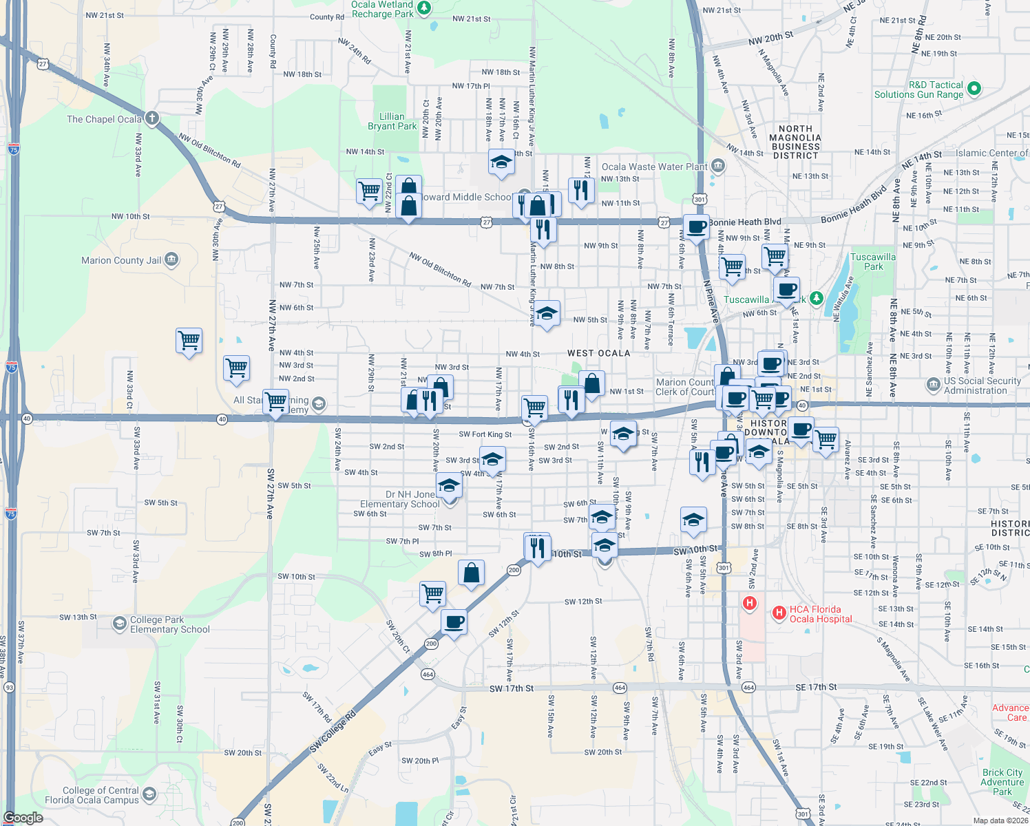 map of restaurants, bars, coffee shops, grocery stores, and more near 20 Northwest 16th Court in Ocala